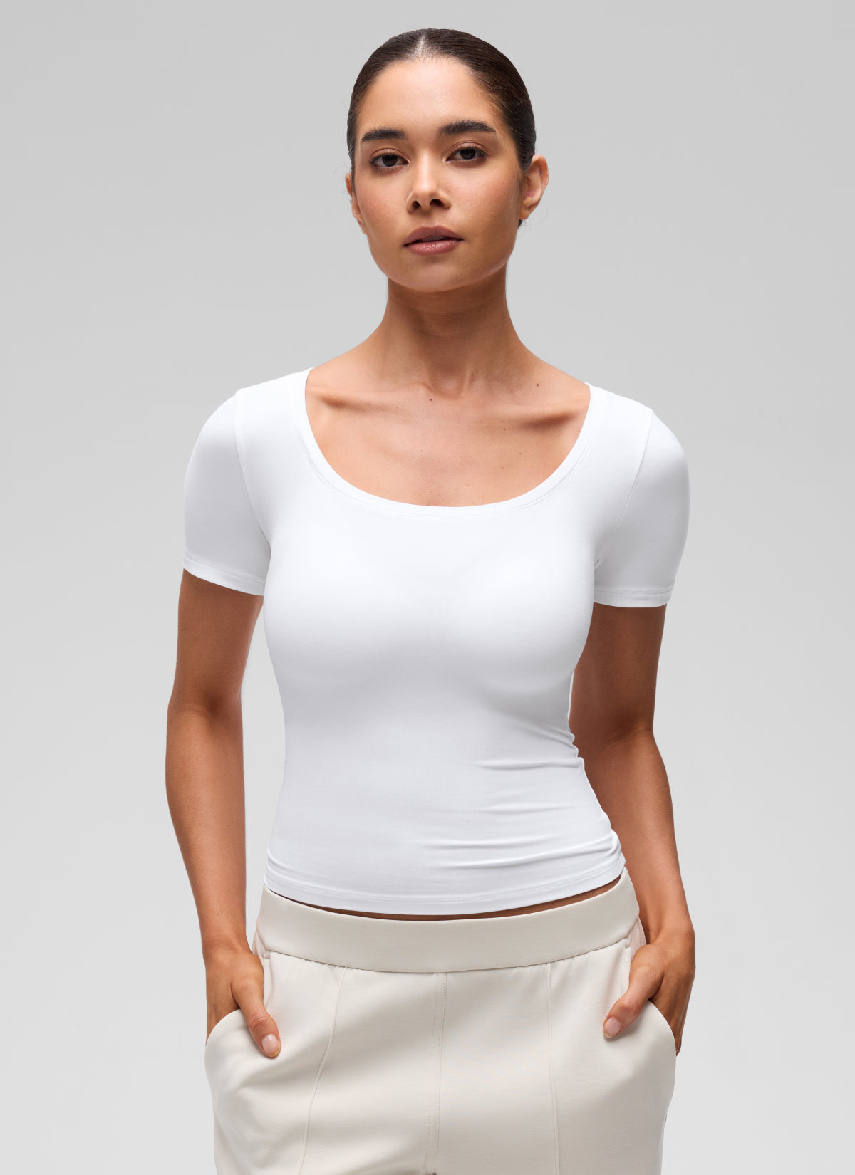 CRZ YOGA Women's Softembrace Casual U Neck Tight Fit Short Sleeve White @model_info:Marcela