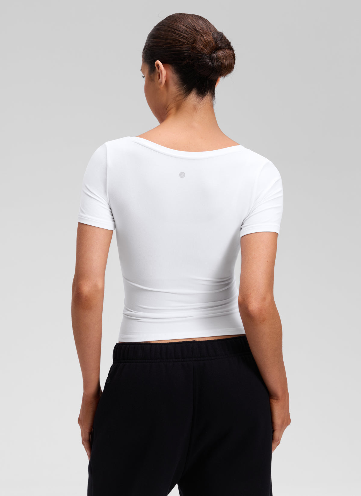 CRZ YOGA Women's Softembrace Casual U Neck Tight Fit Short Sleeve White @model_info:Marcela