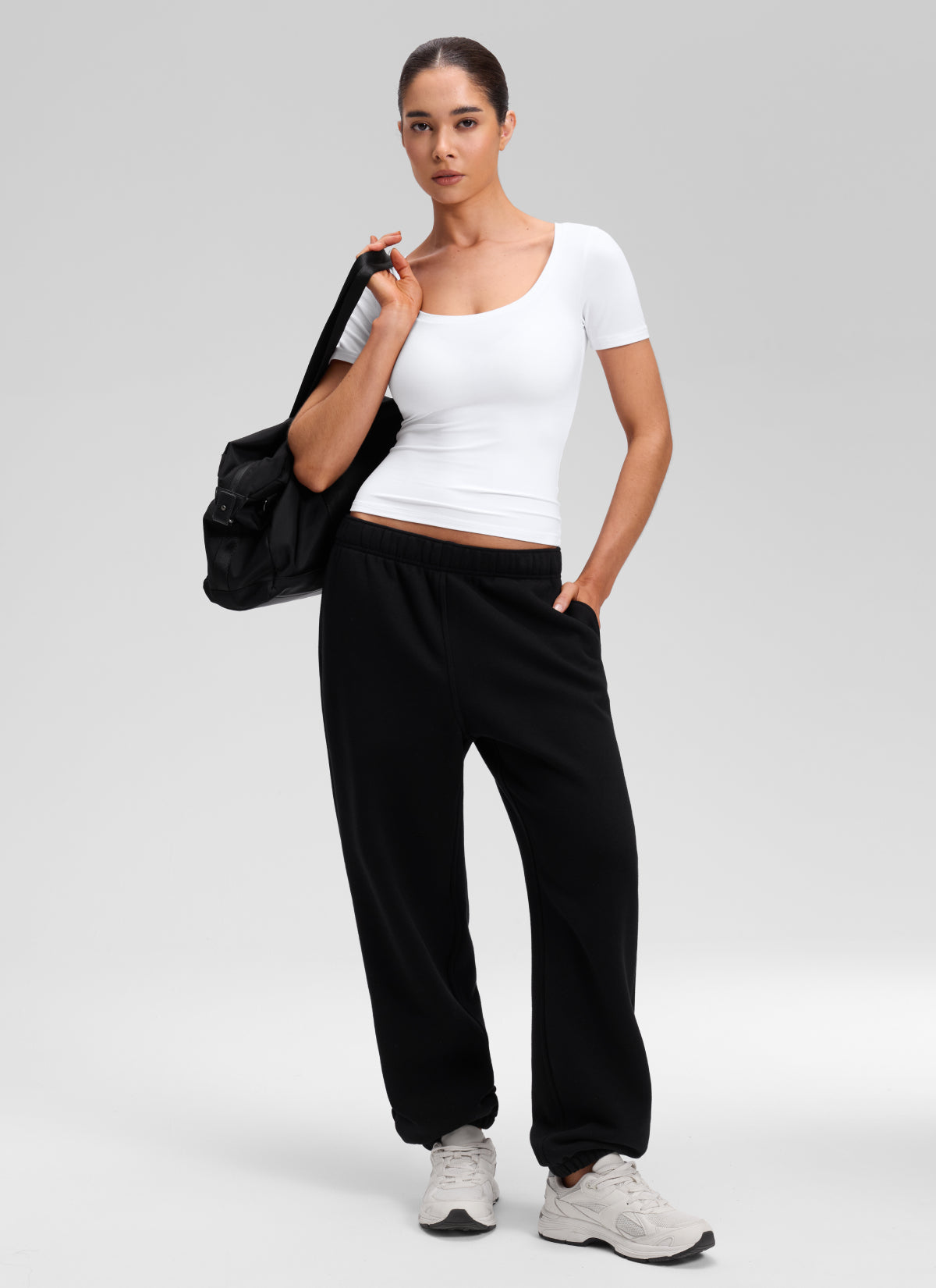 CRZ YOGA Women's Softembrace Casual U Neck Tight Fit Short Sleeve White @model_info:Marcela