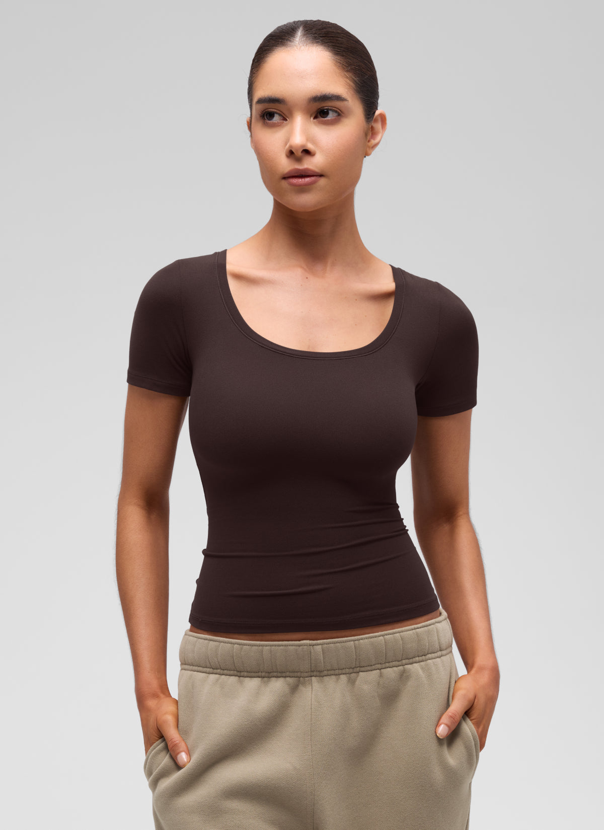CRZ YOGA Women's Softembrace Casual U Neck Tight Fit Short Sleeve Hot Fudge Brown @model_info:Marcela