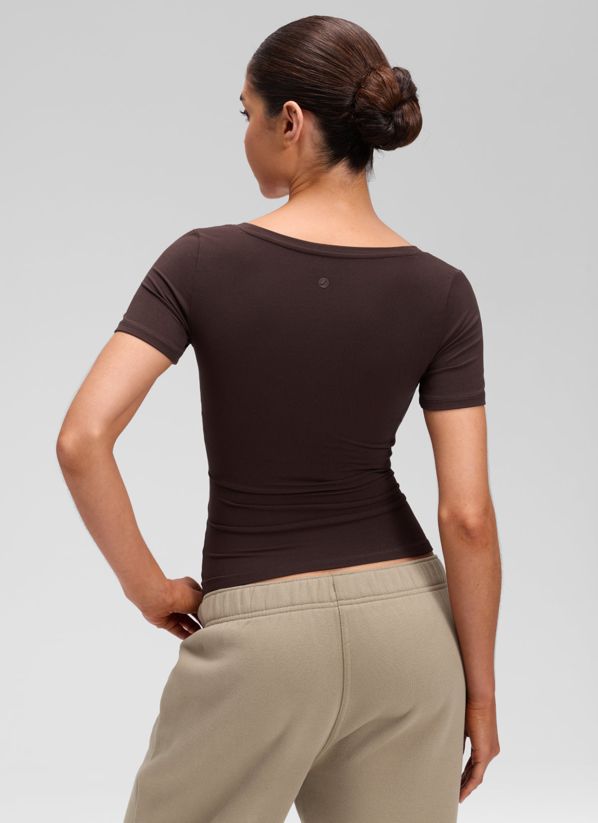 CRZ YOGA Women's Softembrace Casual U Neck Tight Fit Short Sleeve Hot Fudge Brown @model_info:Marcela