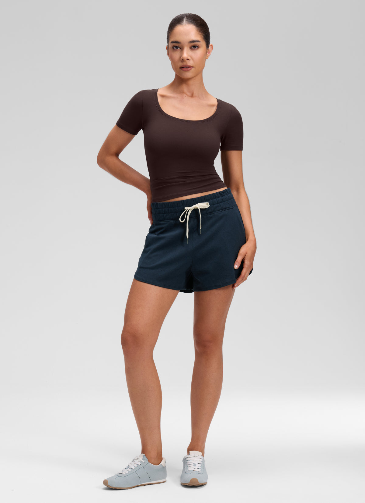CRZ YOGA Women's Softembrace Casual U Neck Tight Fit Short Sleeve Hot Fudge Brown @model_info:Marcela
