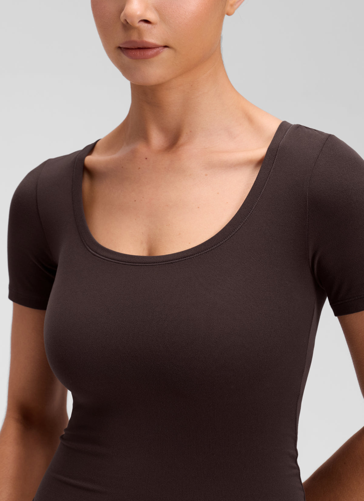 CRZ YOGA Women's Softembrace Casual U Neck Tight Fit Short Sleeve Hot Fudge Brown @model_info:Marcela