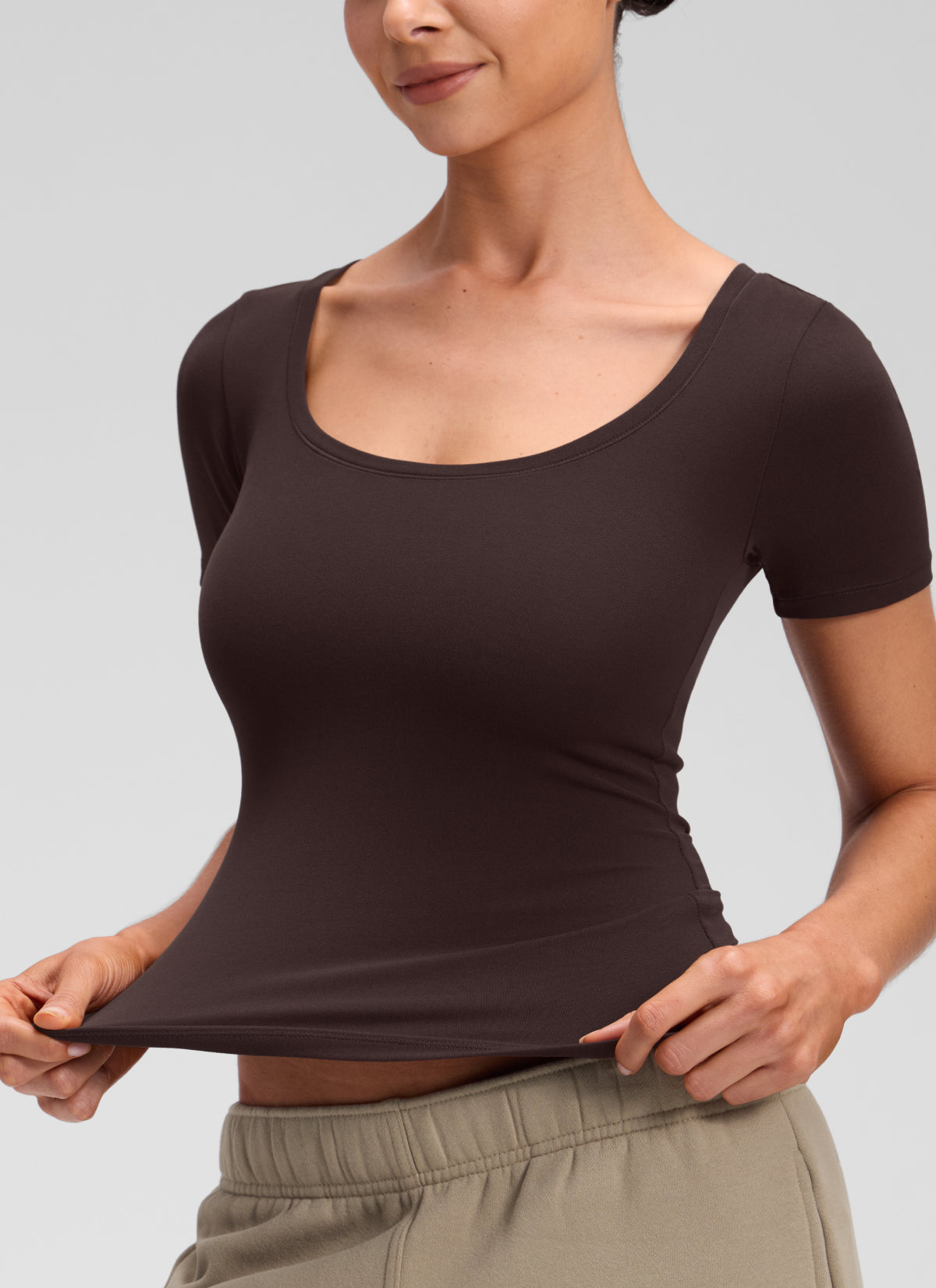 CRZ YOGA Women's Softembrace Casual U Neck Tight Fit Short Sleeve Hot Fudge Brown @model_info:Marcela