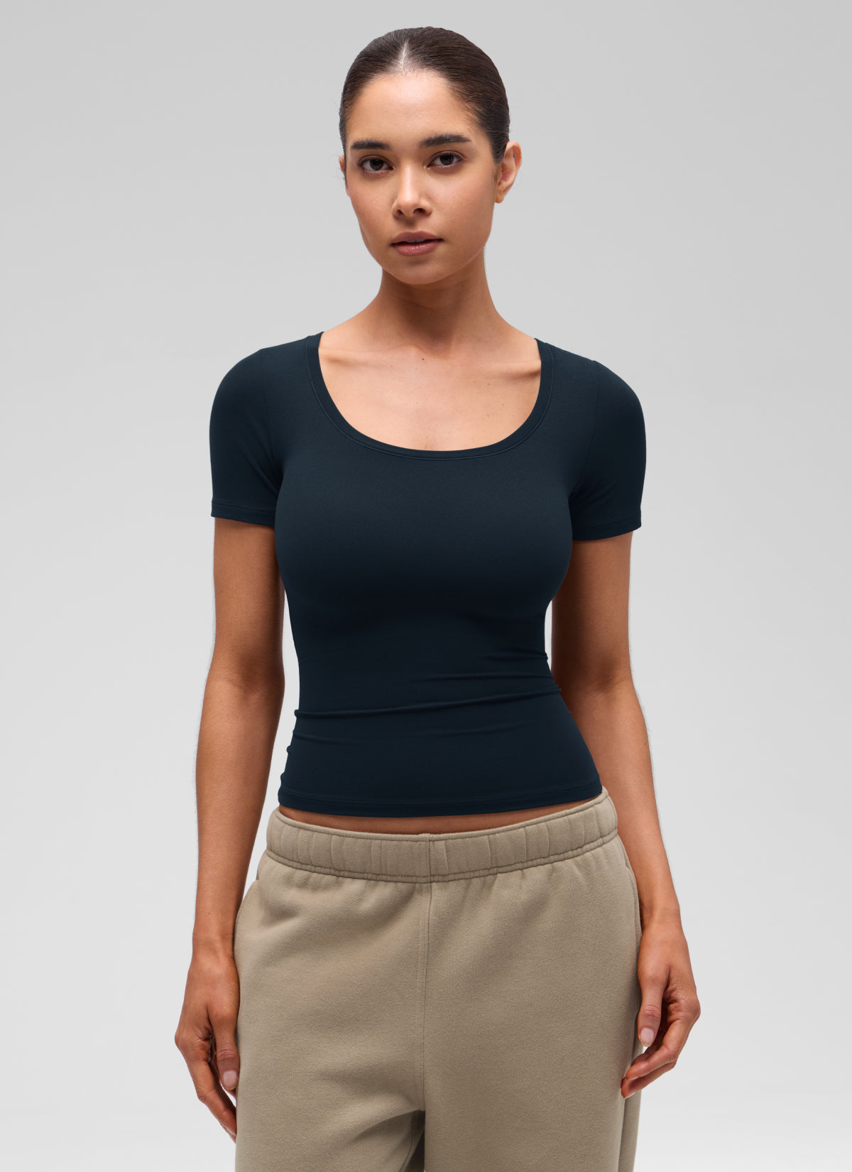 CRZ YOGA Women's Softembrace Casual U Neck Tight Fit Short Sleeve True Navy @model_info:Marcela