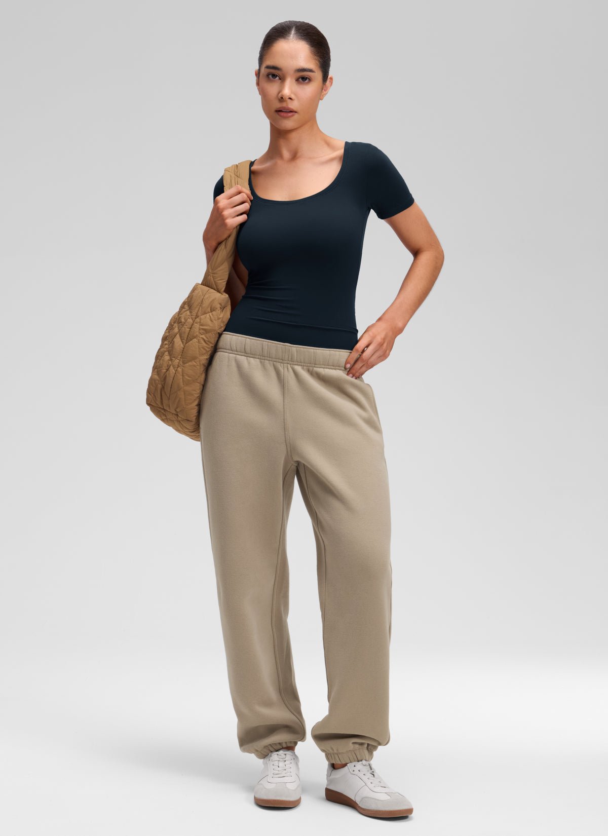CRZ YOGA Women's Softembrace Casual U Neck Tight Fit Short Sleeve True Navy @model_info:Marcela