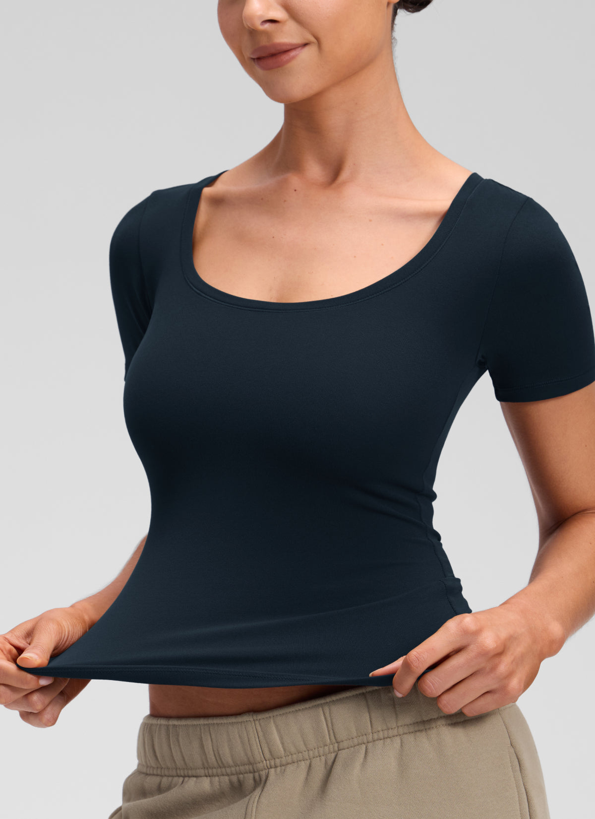 CRZ YOGA Women's Softembrace Casual U Neck Tight Fit Short Sleeve True Navy @model_info:Marcela
