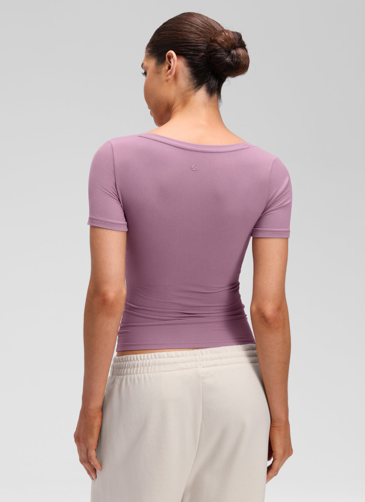 CRZ YOGA Women's Softembrace Casual U Neck Tight Fit Short Sleeve Light Lavender @model_info:Marcela