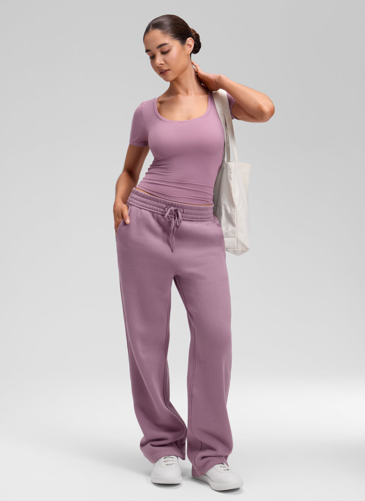 CRZ YOGA Women's Softembrace Casual U Neck Tight Fit Short Sleeve Light Lavender @model_info:Marcela