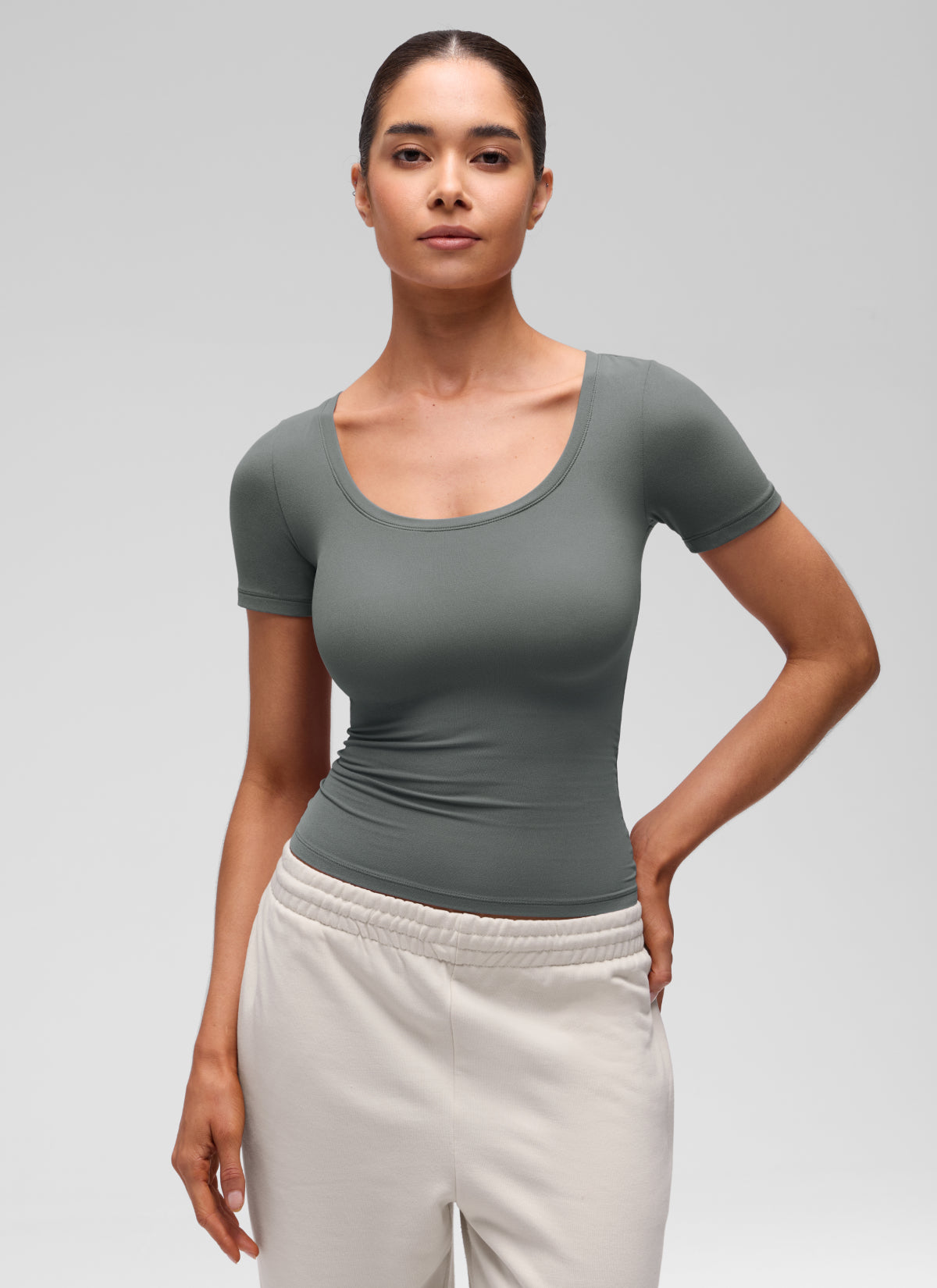 CRZ YOGA Women's Softembrace Casual U Neck Tight Fit Short Sleeve Grey Sage @model_info:Marcela