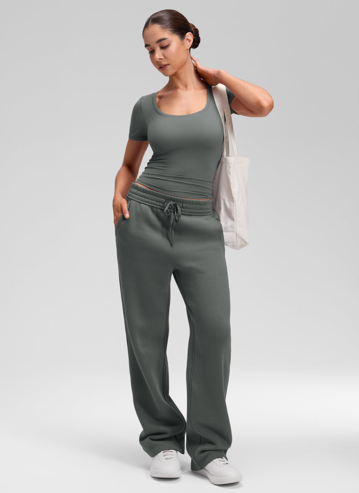 CRZ YOGA Women's Softembrace Casual U Neck Tight Fit Short Sleeve Grey Sage @model_info:Marcela