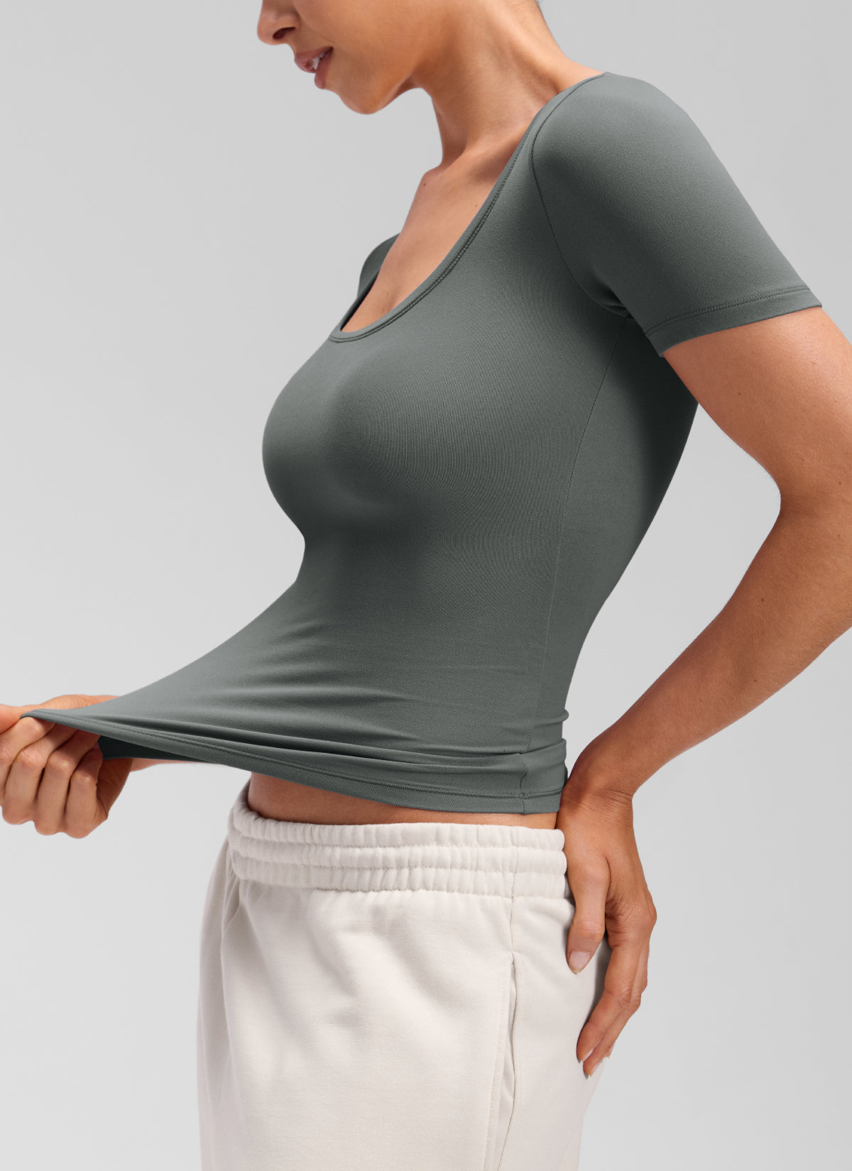 CRZ YOGA Women's Softembrace Casual U Neck Tight Fit Short Sleeve Grey Sage @model_info:Marcela