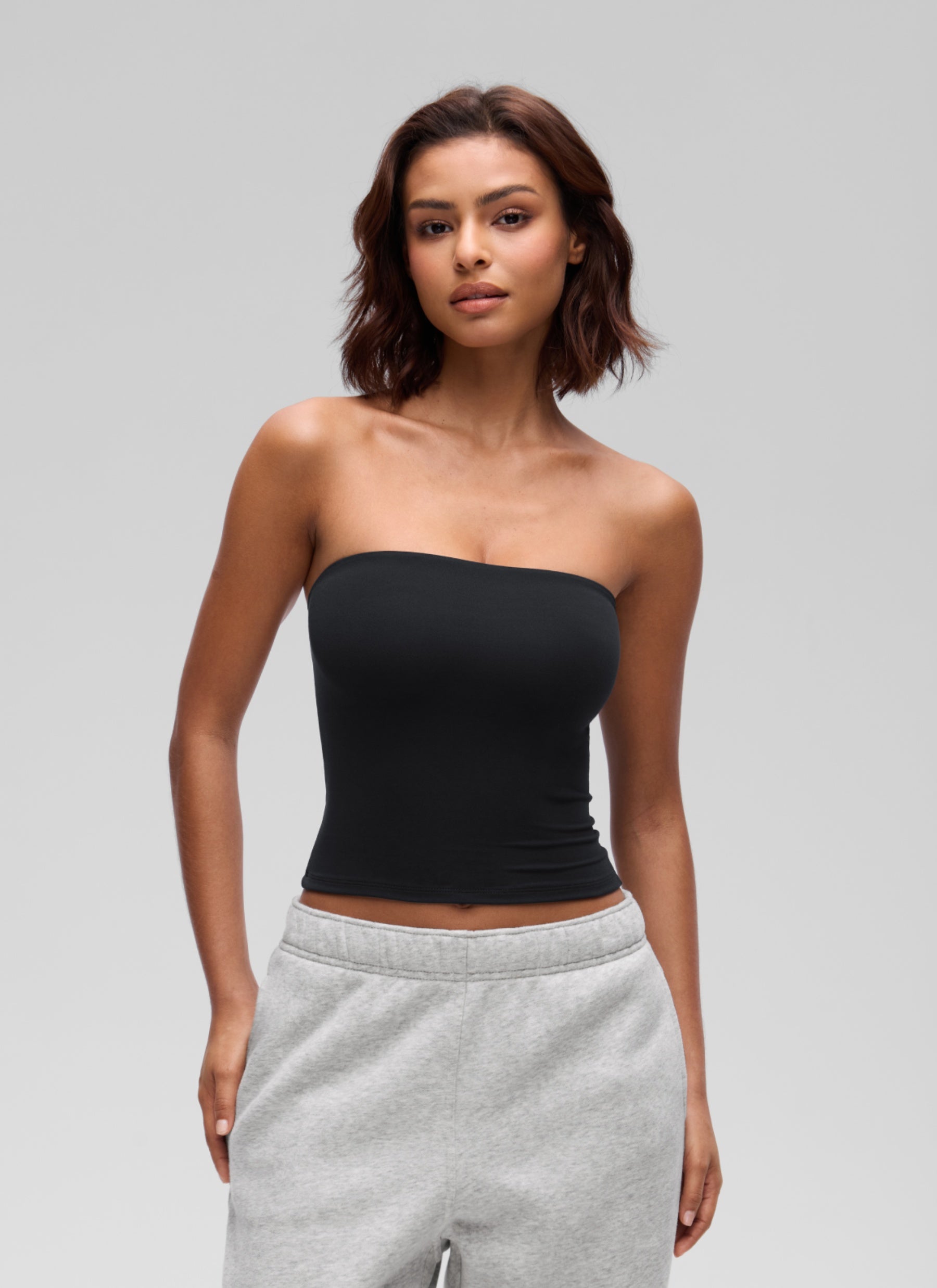 CRZ YOGA Women's Softembrace Casual Double Lined Crop Strapless Top Black @model_info:T