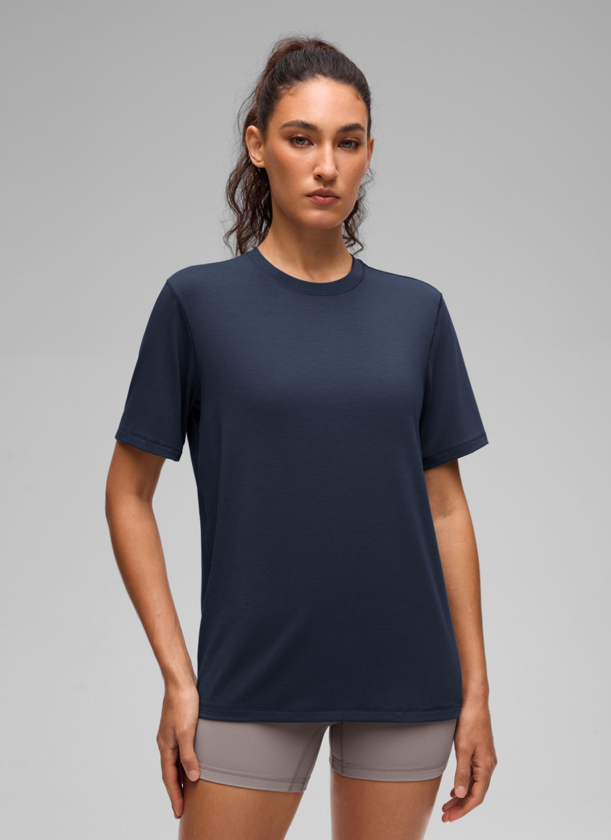 CRZ YOGA Women's Quick Dry Crewneck Relaxed Fit Short Sleeve Club Blue @model_info:V