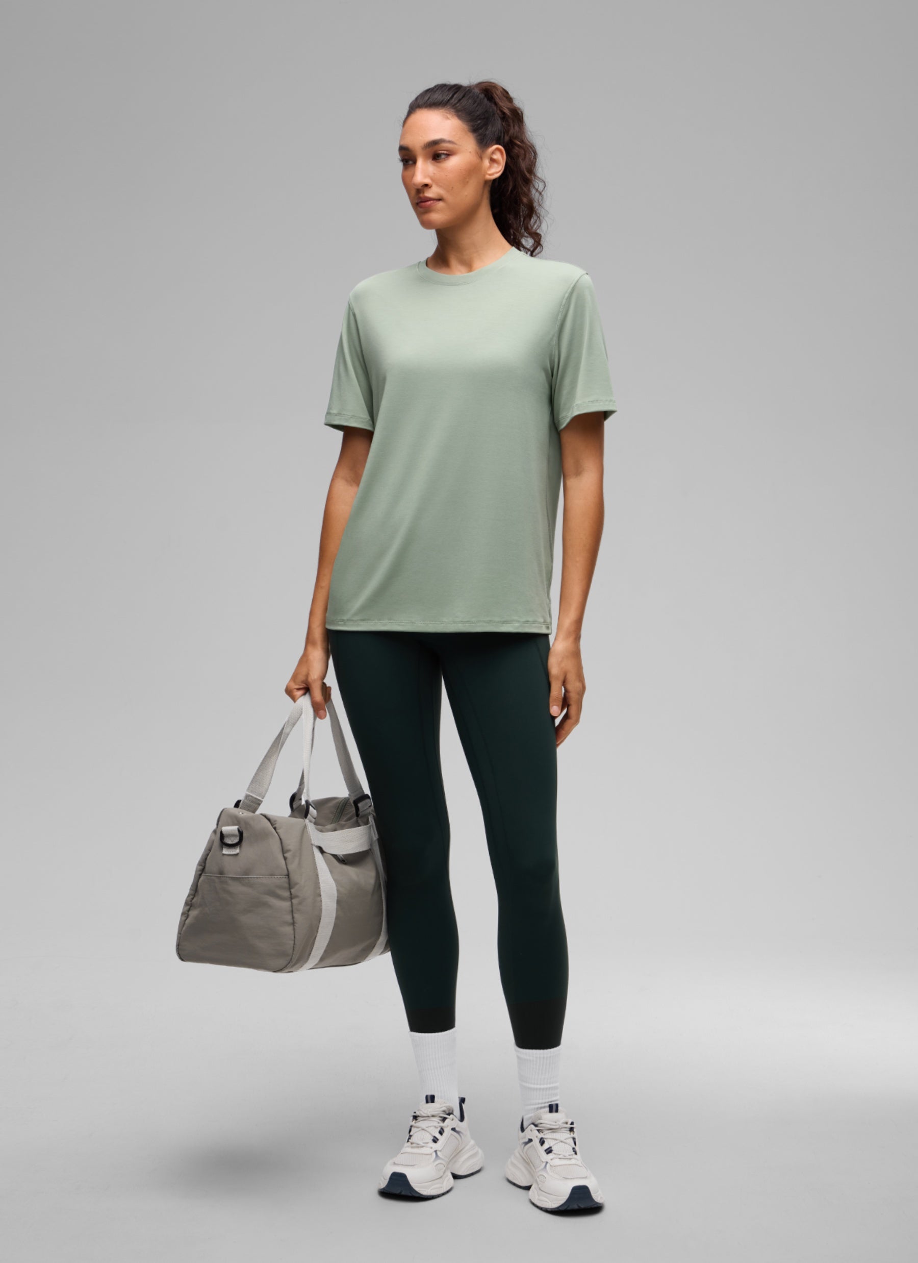 CRZ YOGA Women's Quick Dry Crewneck Relaxed Fit Short Sleeve Fog Green @model_info:V