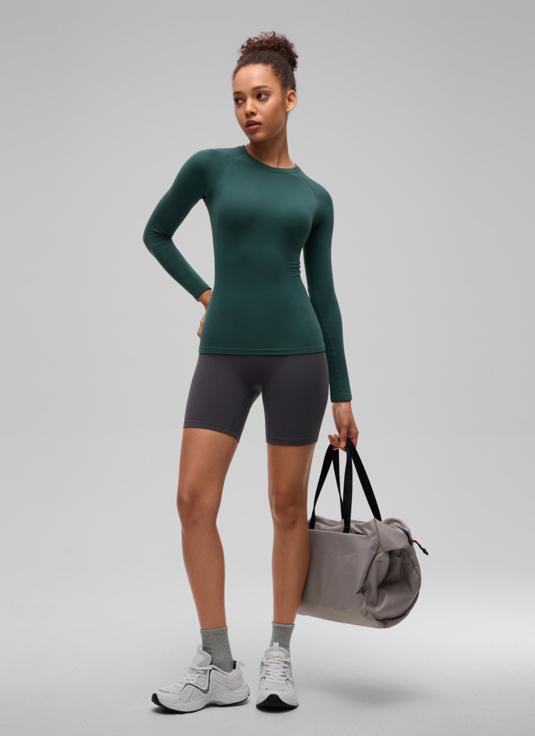 CRZ YOGA Women's Flex Seamless Fitted Workout Hip Length Long Sleeve Forest Green @model_info:B