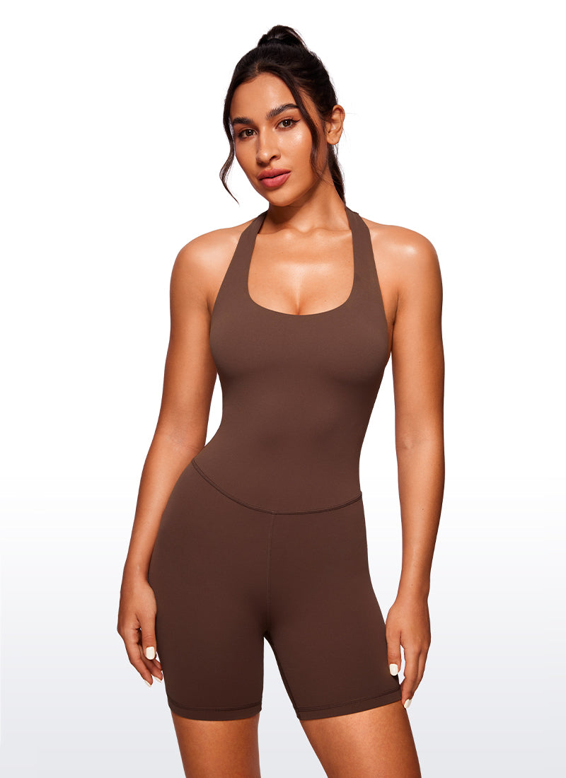 CRZ YOGA Women's Yoga Halter Backless Athletic Romper Shorts Bodysuit Coffee Brown
