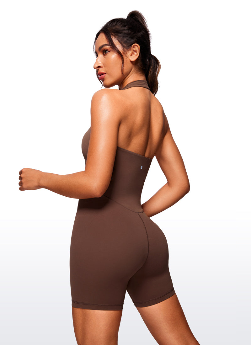 CRZ YOGA Women's Yoga Halter Backless Athletic Romper Shorts Bodysuit Coffee Brown