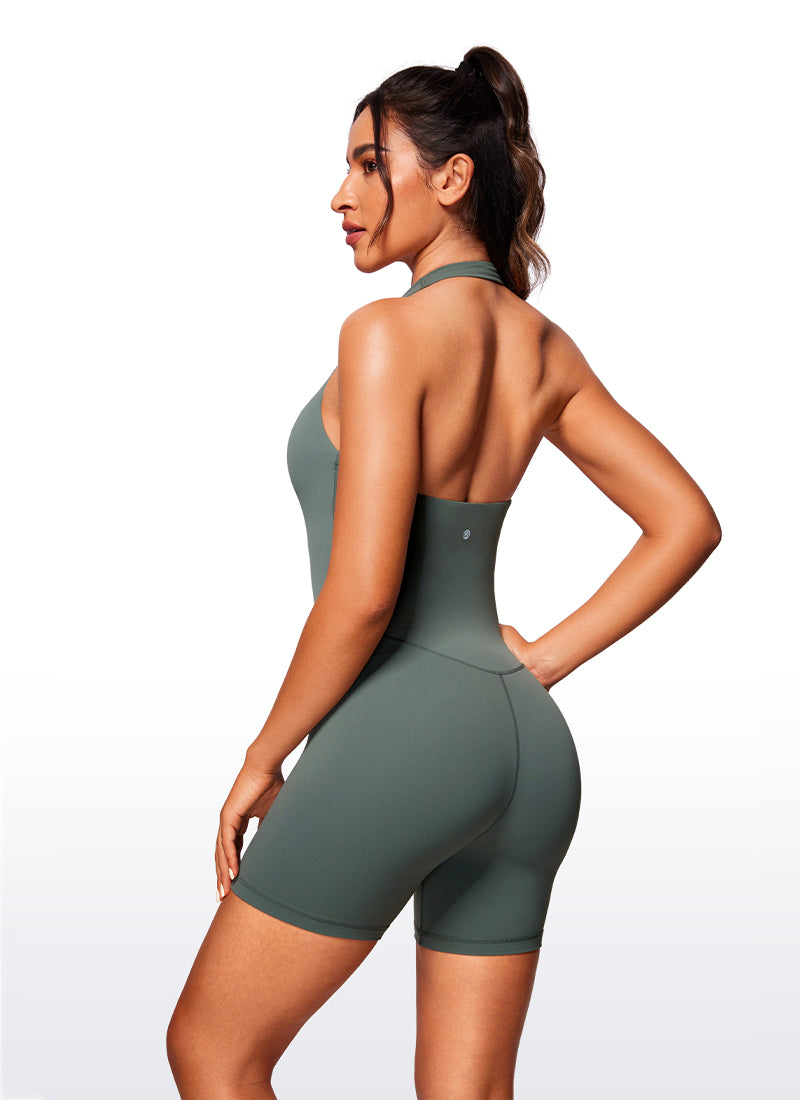 CRZ YOGA Women's Yoga Halter Backless Athletic Romper Shorts Bodysuit Grey Sage