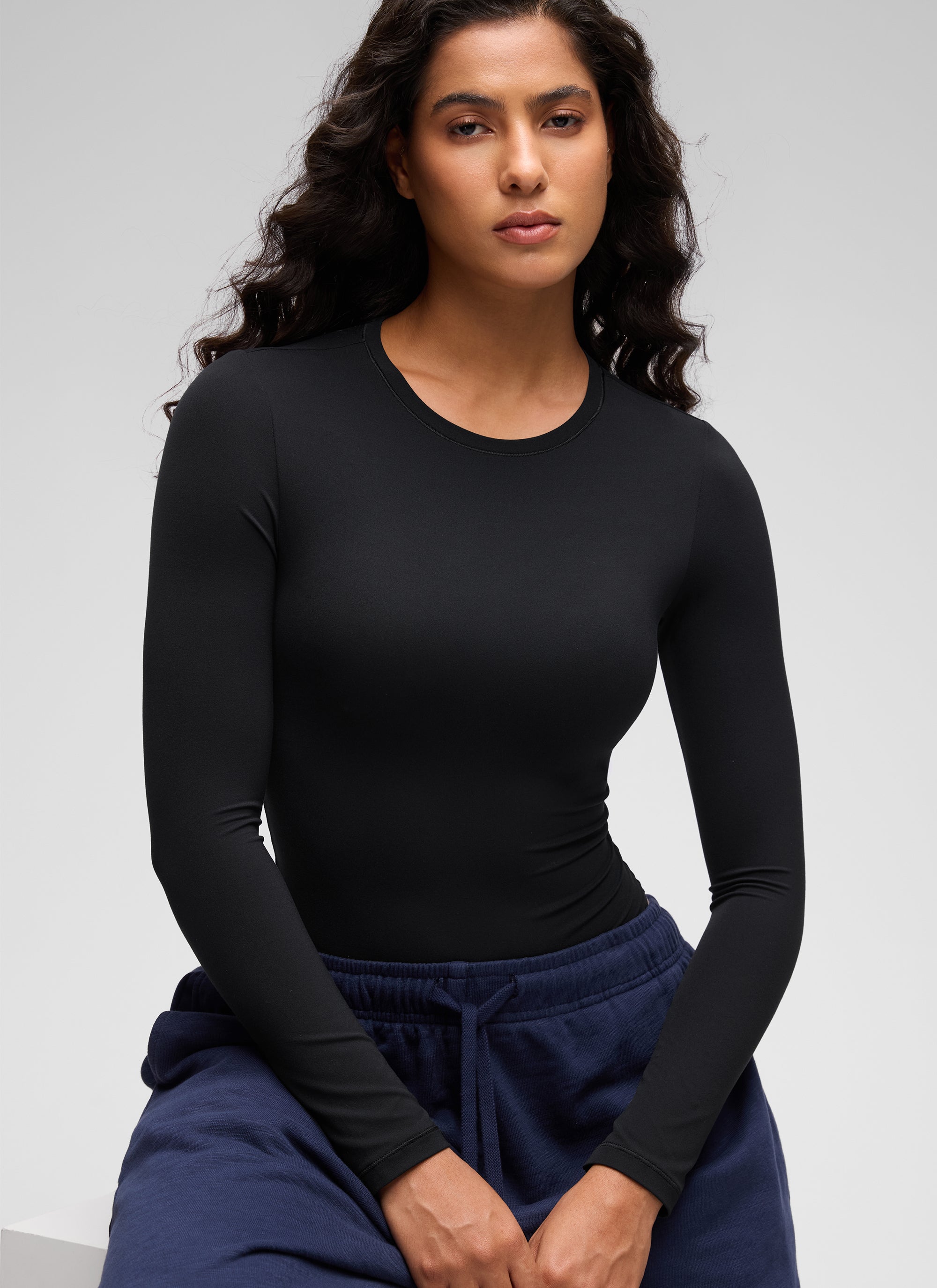 CRZ YOGA Women's Softembrace Casual Scoop Neck Tight Fit Bodysuit Black @model_info:Carol