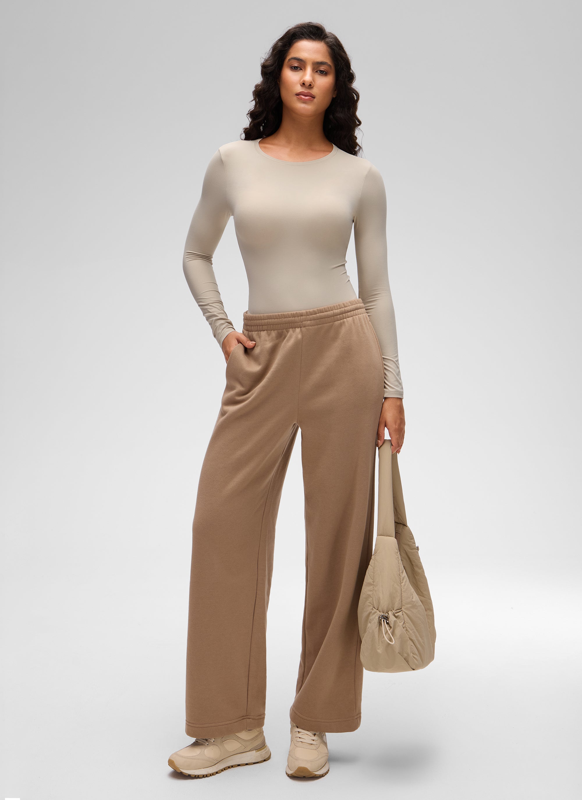 CRZ YOGA Women's Softembrace Casual Scoop Neck Tight Fit Bodysuit Mojave Tan @model_info:Carol