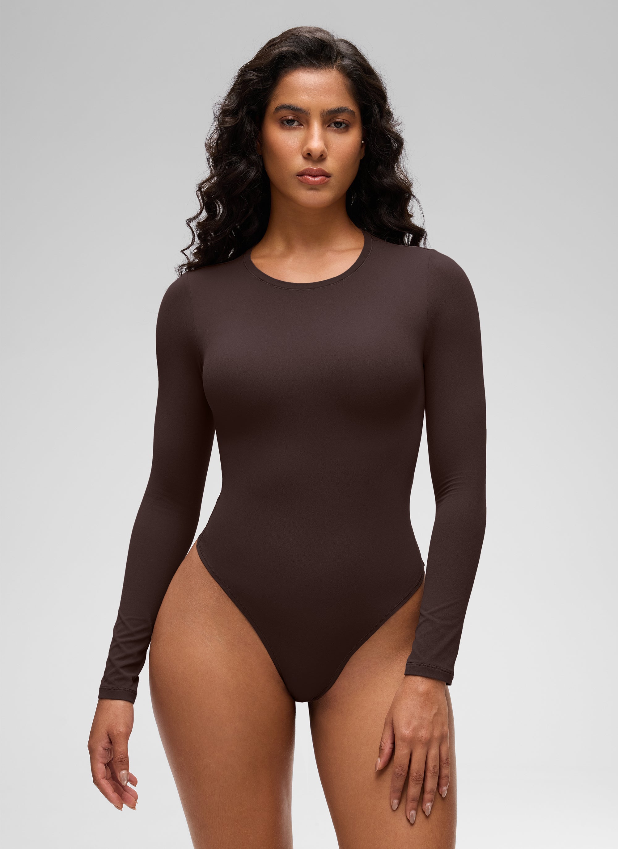 CRZ YOGA Women's Softembrace Casual Scoop Neck Tight Fit Bodysuit Hot Fudge Brown @model_info:Carol