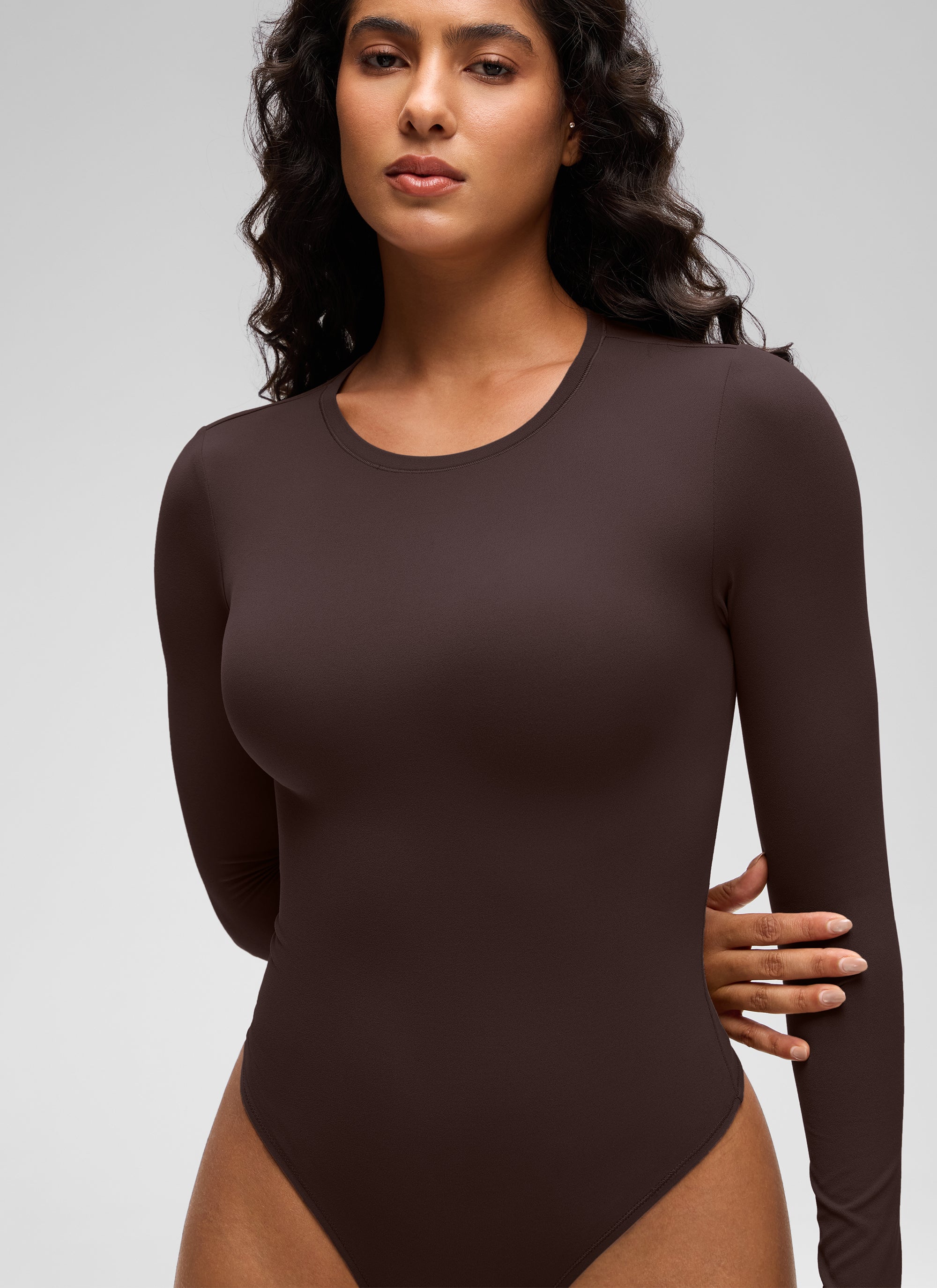 CRZ YOGA Women's Softembrace Casual Scoop Neck Tight Fit Bodysuit Hot Fudge Brown @model_info:Carol