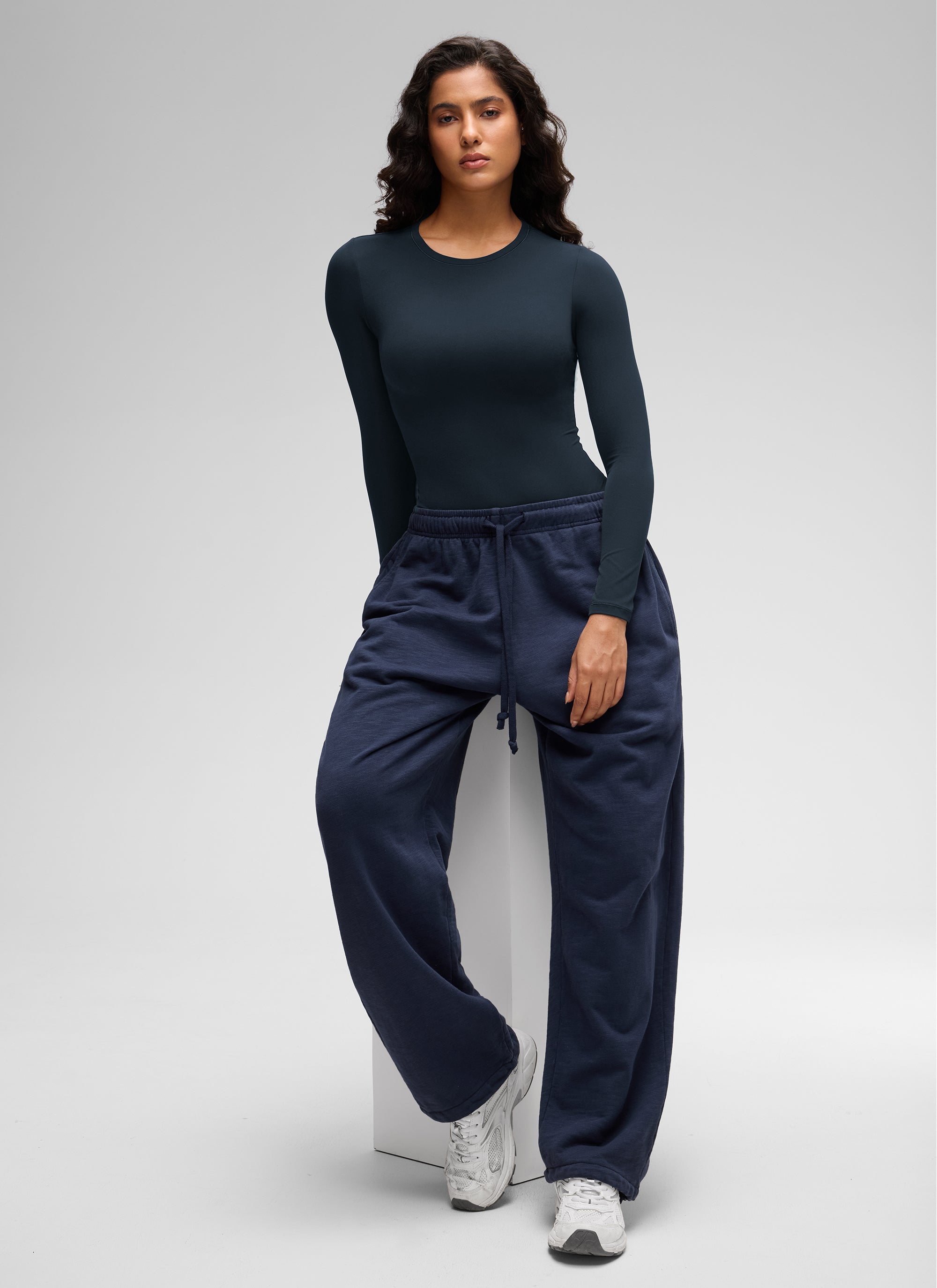 CRZ YOGA Women's Softembrace Casual Scoop Neck Tight Fit Bodysuit True Navy @model_info:Carol