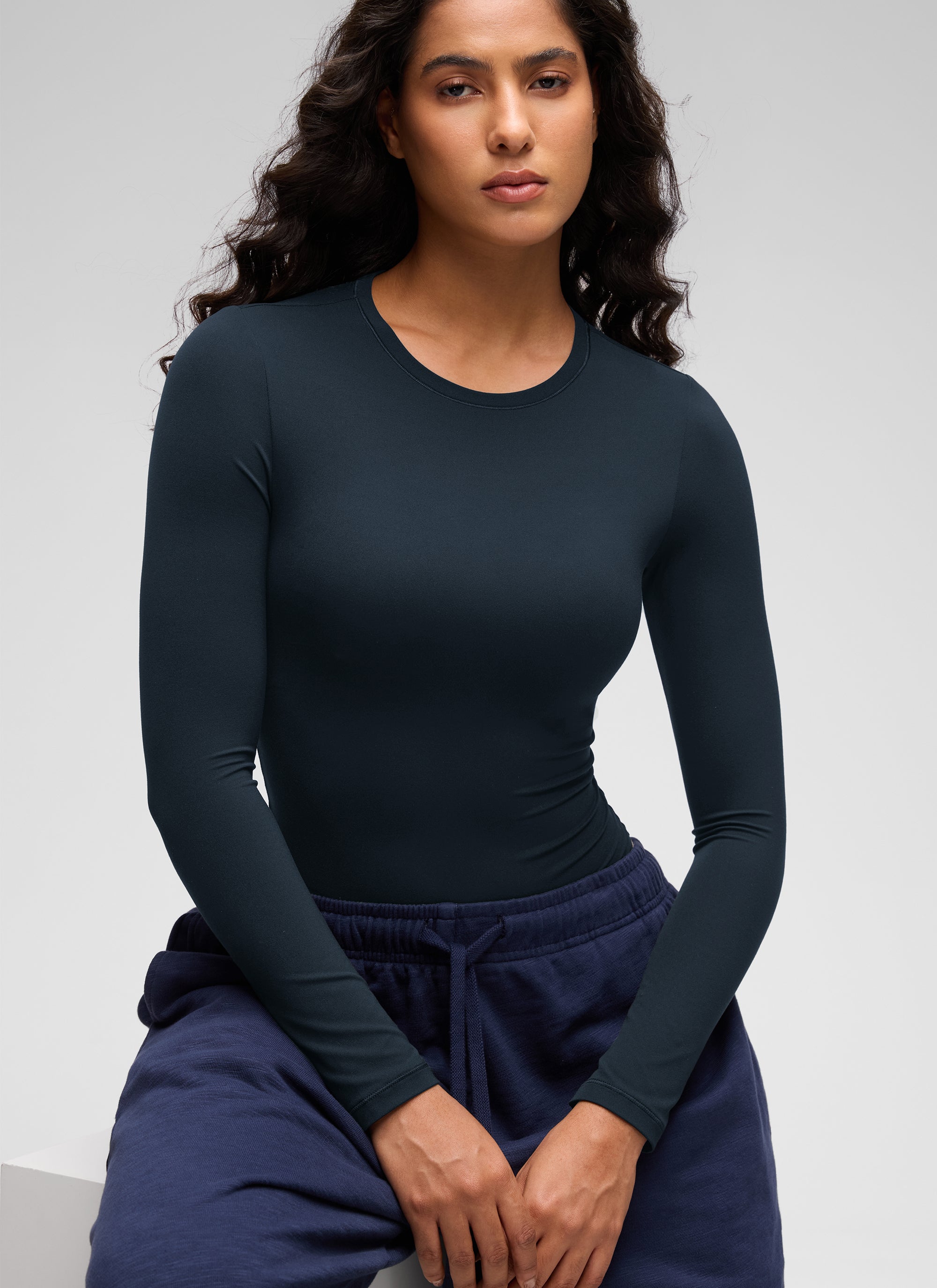 CRZ YOGA Women's Softembrace Casual Scoop Neck Tight Fit Bodysuit True Navy @model_info:Carol