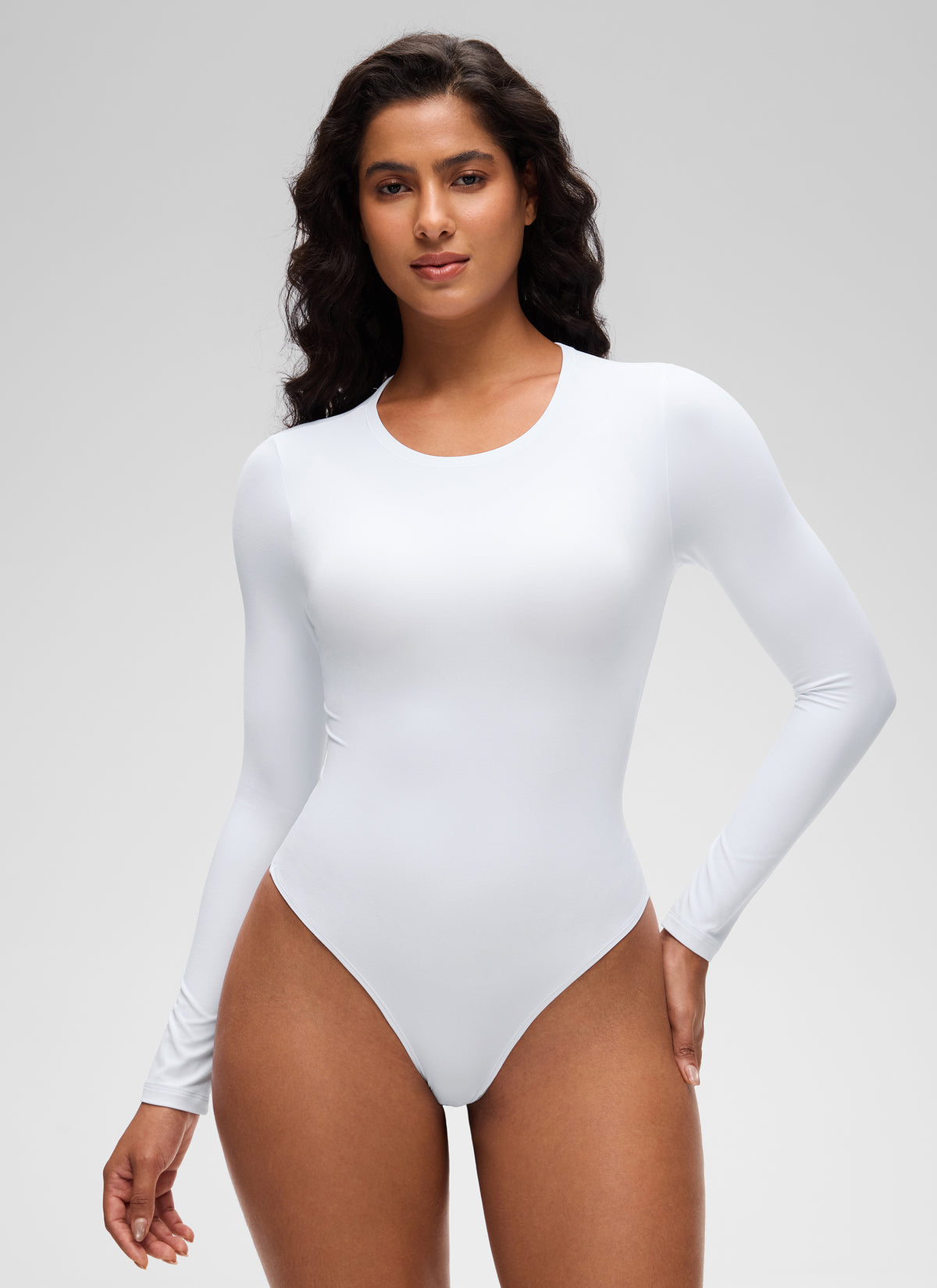 CRZ YOGA Women's Softembrace Casual Scoop Neck Tight Fit Bodysuit White @model_info:Carol