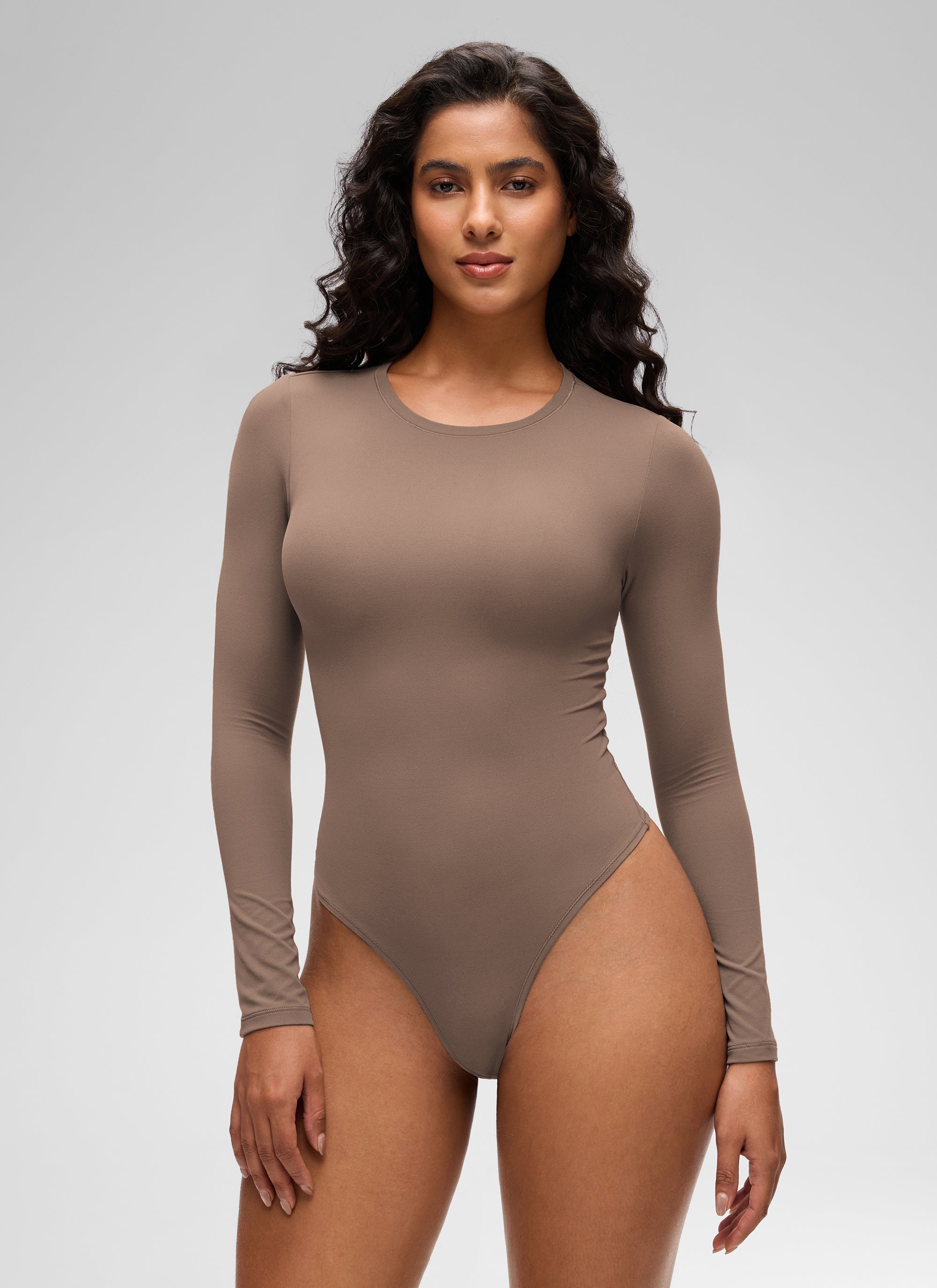 CRZ YOGA Women's Softembrace Casual Scoop Neck Tight Fit Bodysuit Brown Purple @model_info:Carol