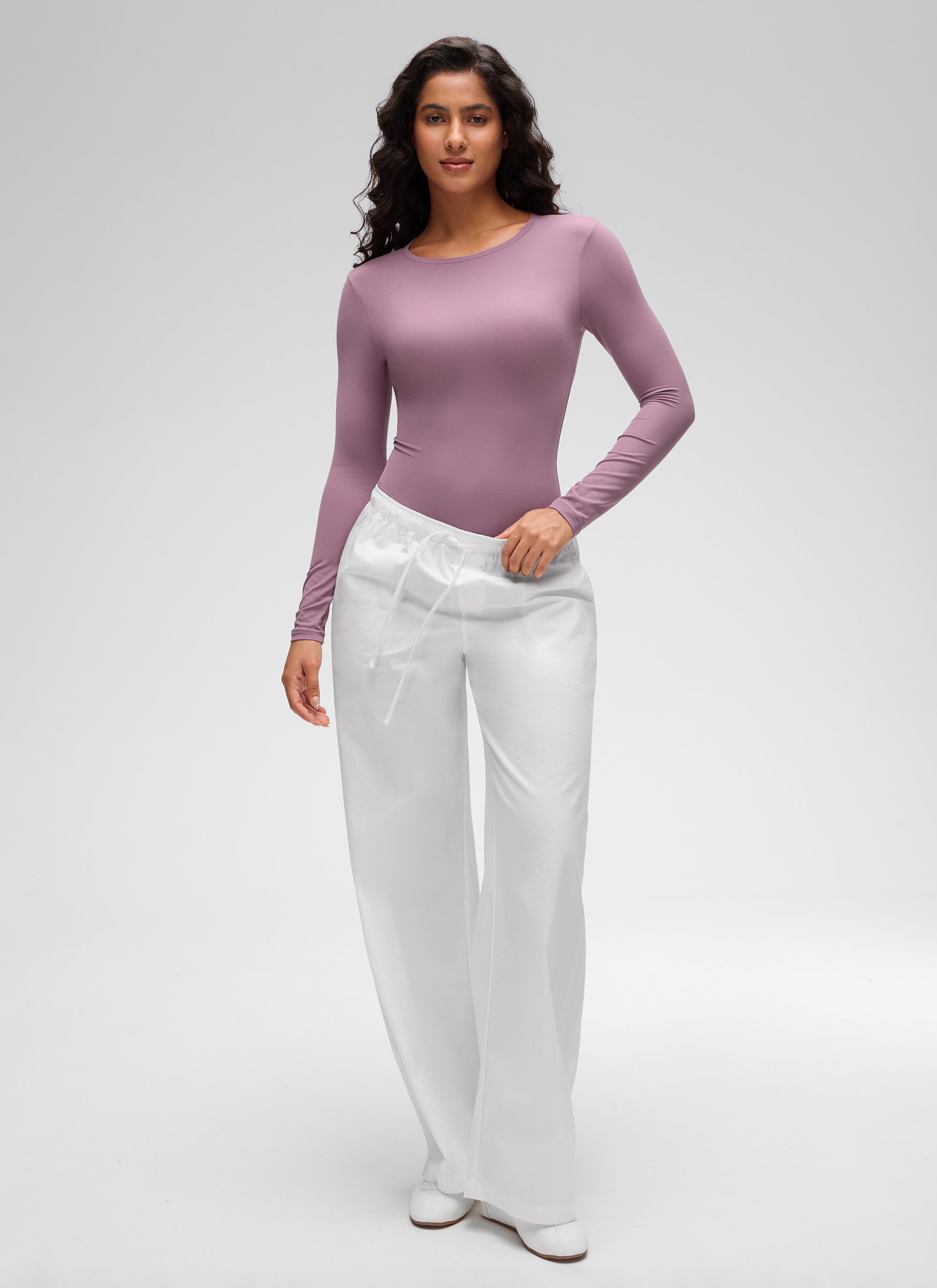 CRZ YOGA Women's Softembrace Casual Scoop Neck Tight Fit Bodysuit Light Lavender @model_info:Carol