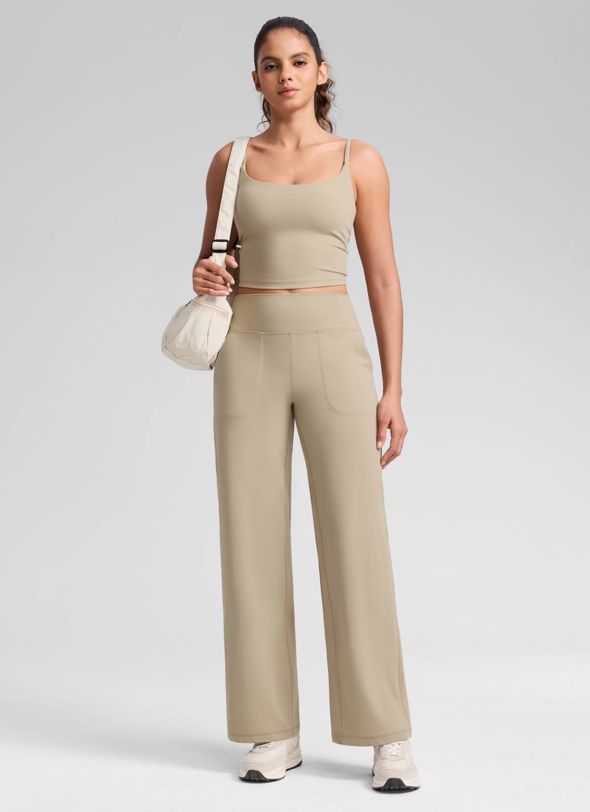 CRZ YOGA Women's Butterlift High Waisted Wide Leg Pants with Pockets Oak @model_info:Dany