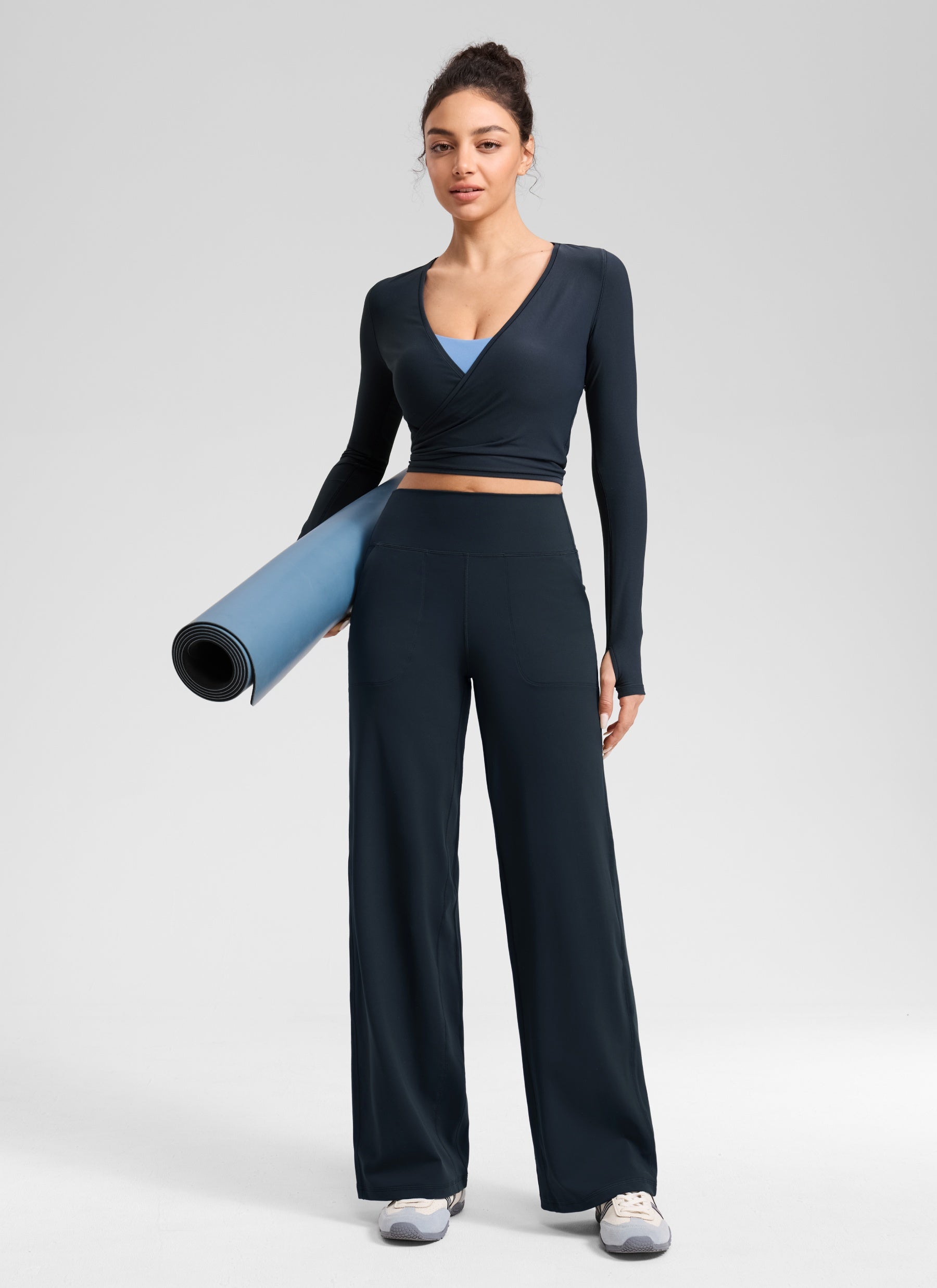 CRZ YOGA Women's Butterlift High Waisted Wide Leg Pants with Pockets True Navy @model_info:Anano