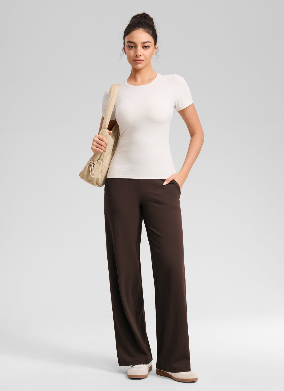 CRZ YOGA Women's Butterlift High Waisted Wide Leg Pants with Pockets Hot Fudge Brown @model_info:Anano