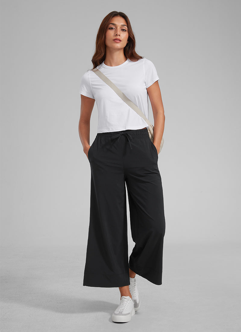 CRZ YOGA Women's  Causal High Waisted Wide Leg Pockets Pants 25'' Black @model_info:L