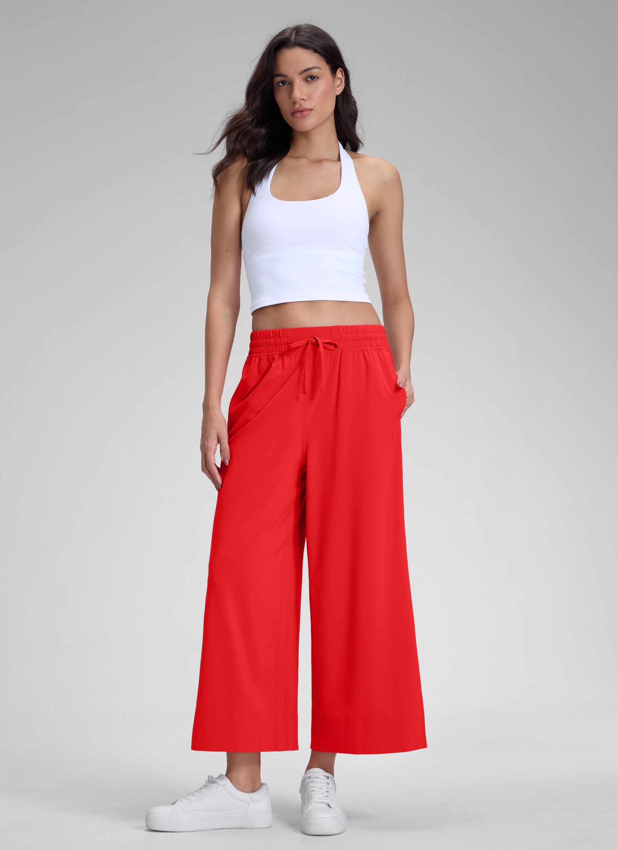 CRZ YOGA Women's  Causal High Waisted Wide Leg Pockets Pants 25'' Deep Red @model_info:J