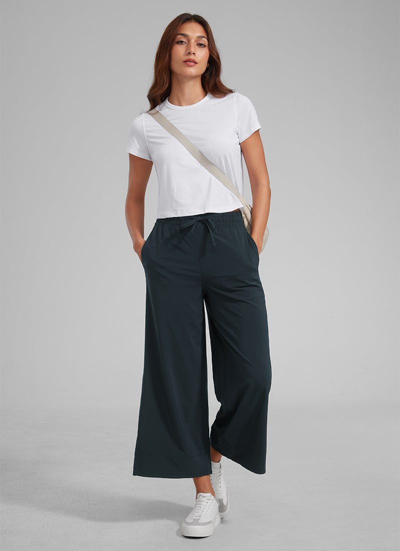 CRZ YOGA Women's  Causal High Waisted Wide Leg Pockets Pants 25'' True Navy @model_info:L