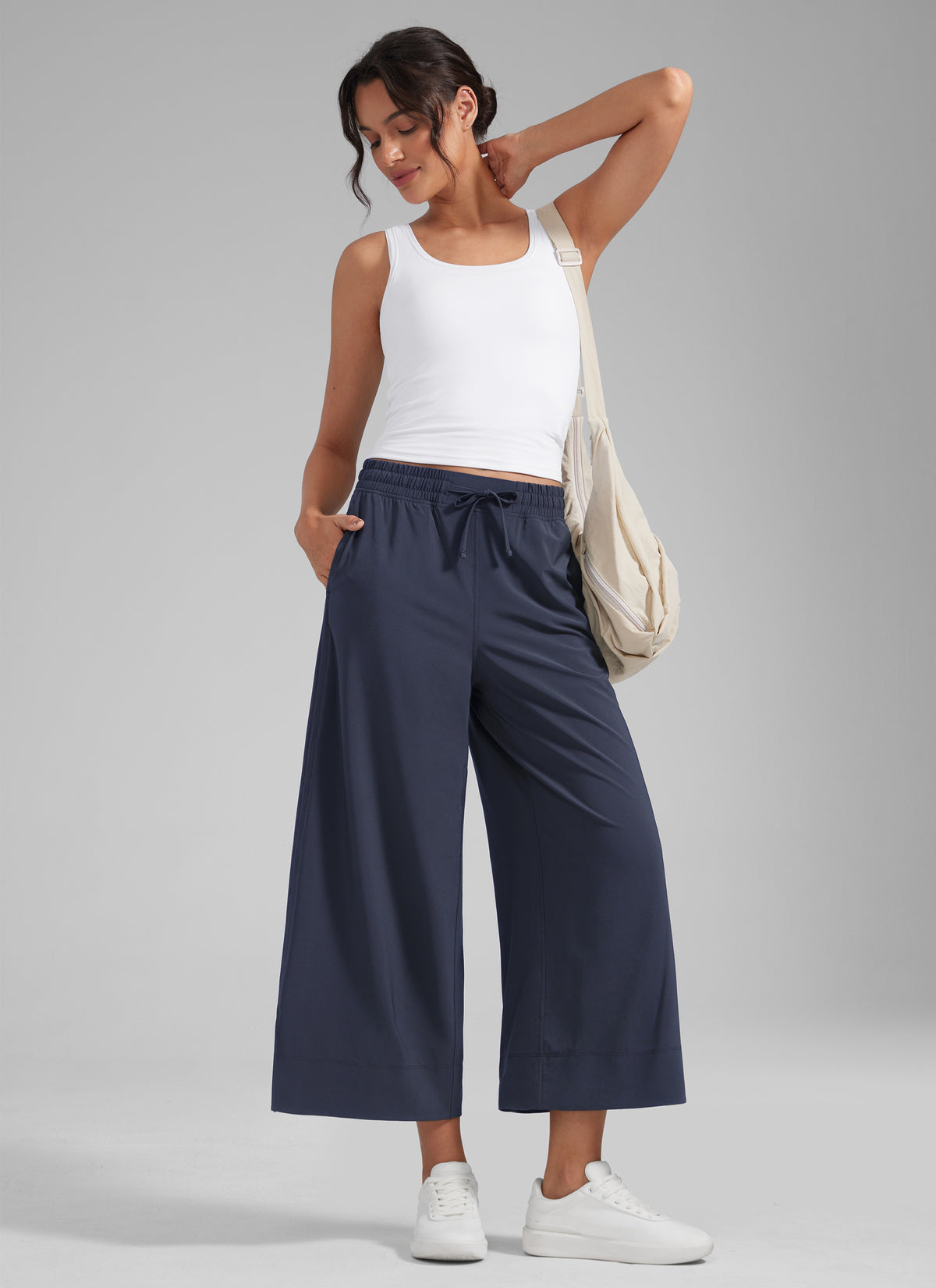 CRZ YOGA Women's  Causal High Waisted Wide Leg Pockets Pants 25'' Navy @model_info:J