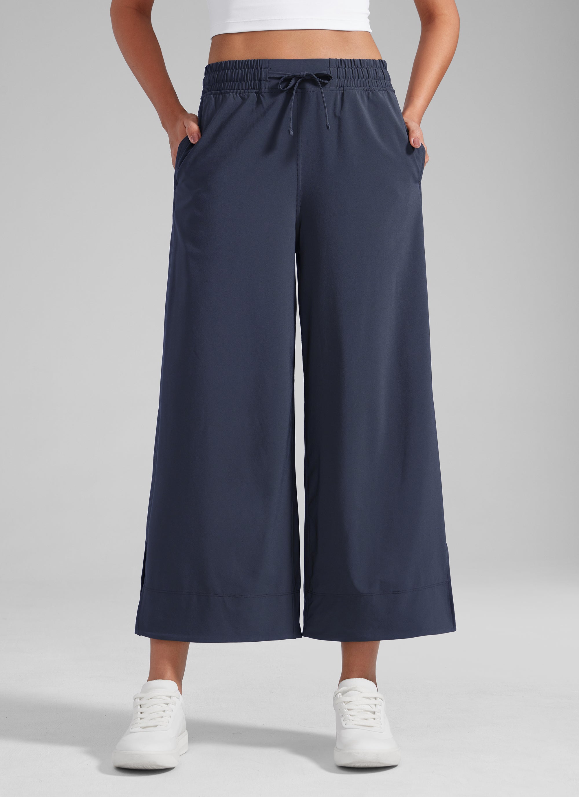 CRZ YOGA Women's  Causal High Waisted Wide Leg Pockets Pants 25'' Navy @model_info:J