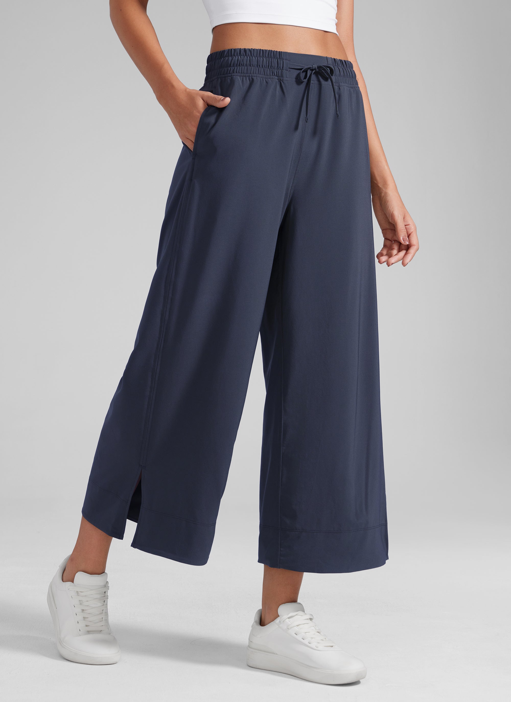CRZ YOGA Women's  Causal High Waisted Wide Leg Pockets Pants 25'' Navy @model_info:J