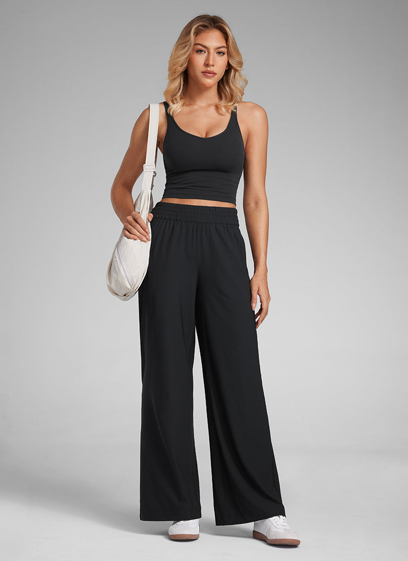 CRZ YOGA Women's Casual High Rise Wide Leg Pants with Pockets 30'' Black @model_info:Laura
