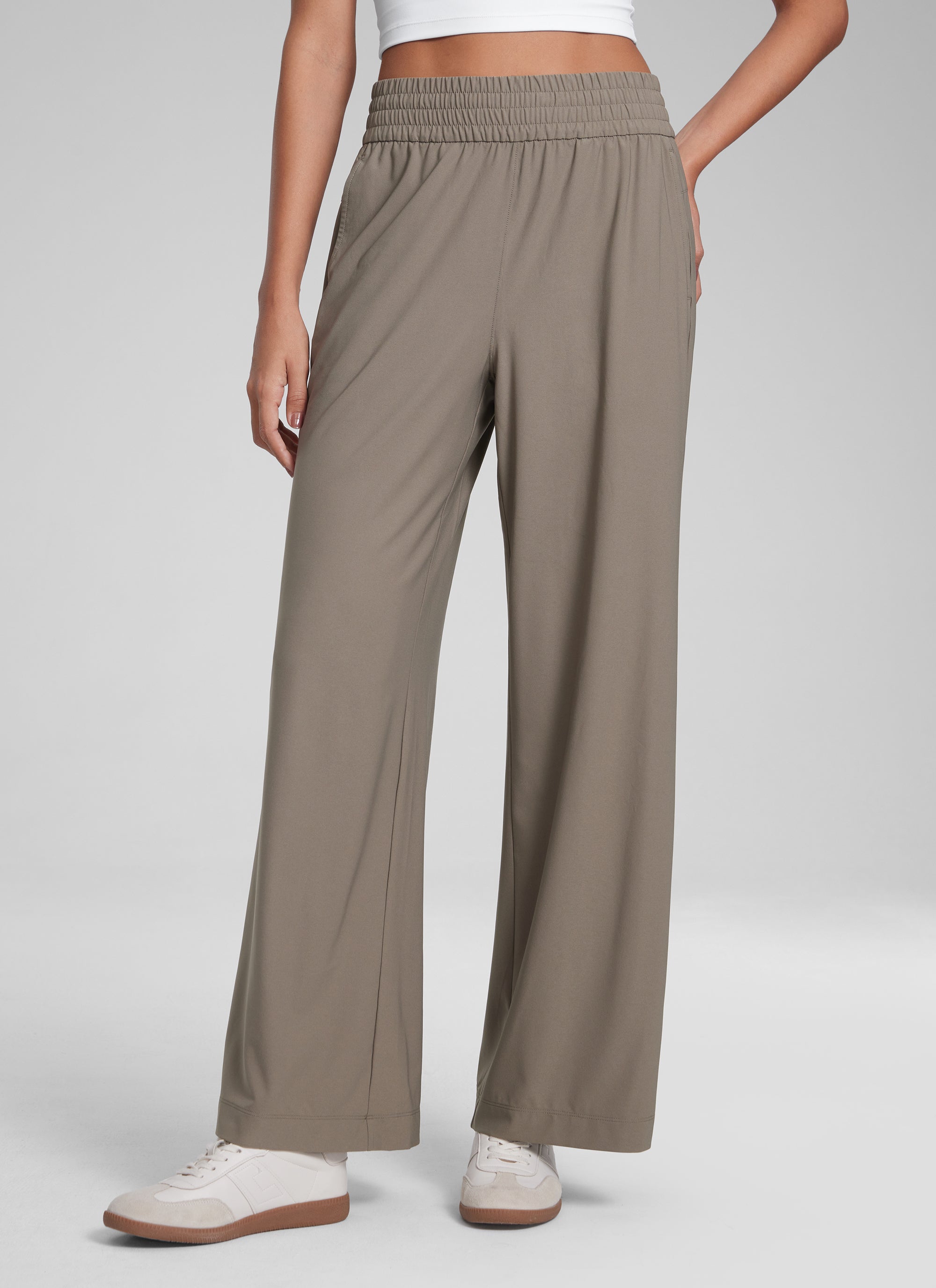 CRZ YOGA Women's Casual High Rise Wide Leg Pants with Pockets 30'' Nomad Grey @model_info:Jenna