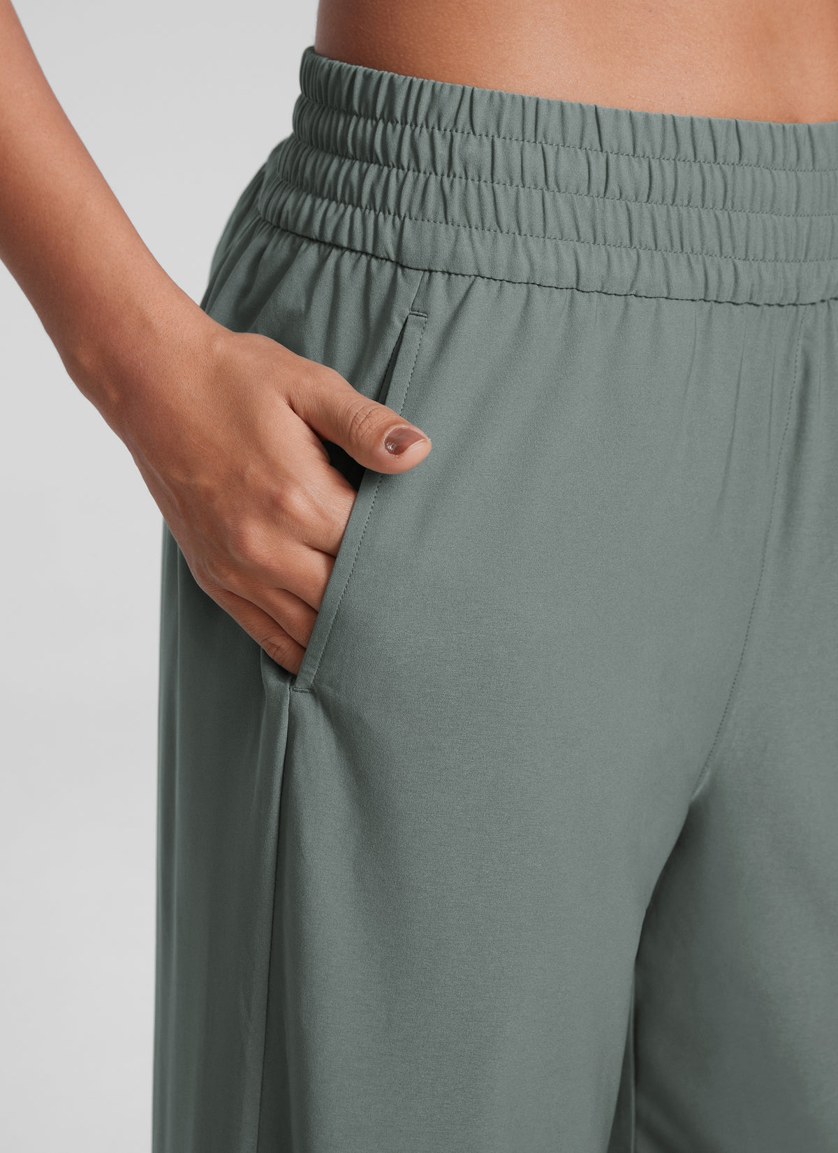 CRZ YOGA Women's Casual High Rise Wide Leg Pants with Pockets 30'' Grey Sage @model_info:Jenna