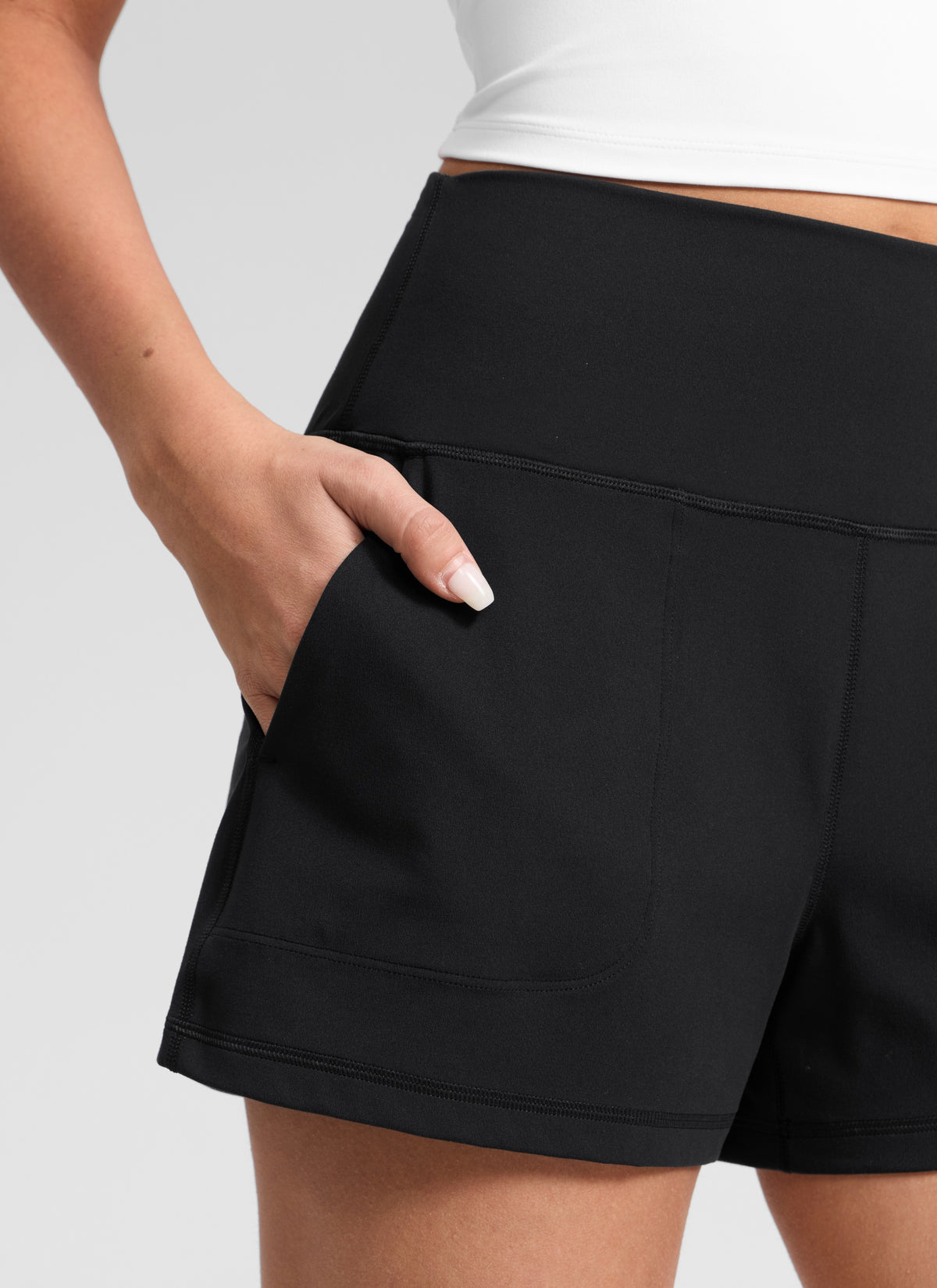 CRZ YOGA Women Butterlift High Waisted Shorts with Pockets Linerless Black @model_info:Anano