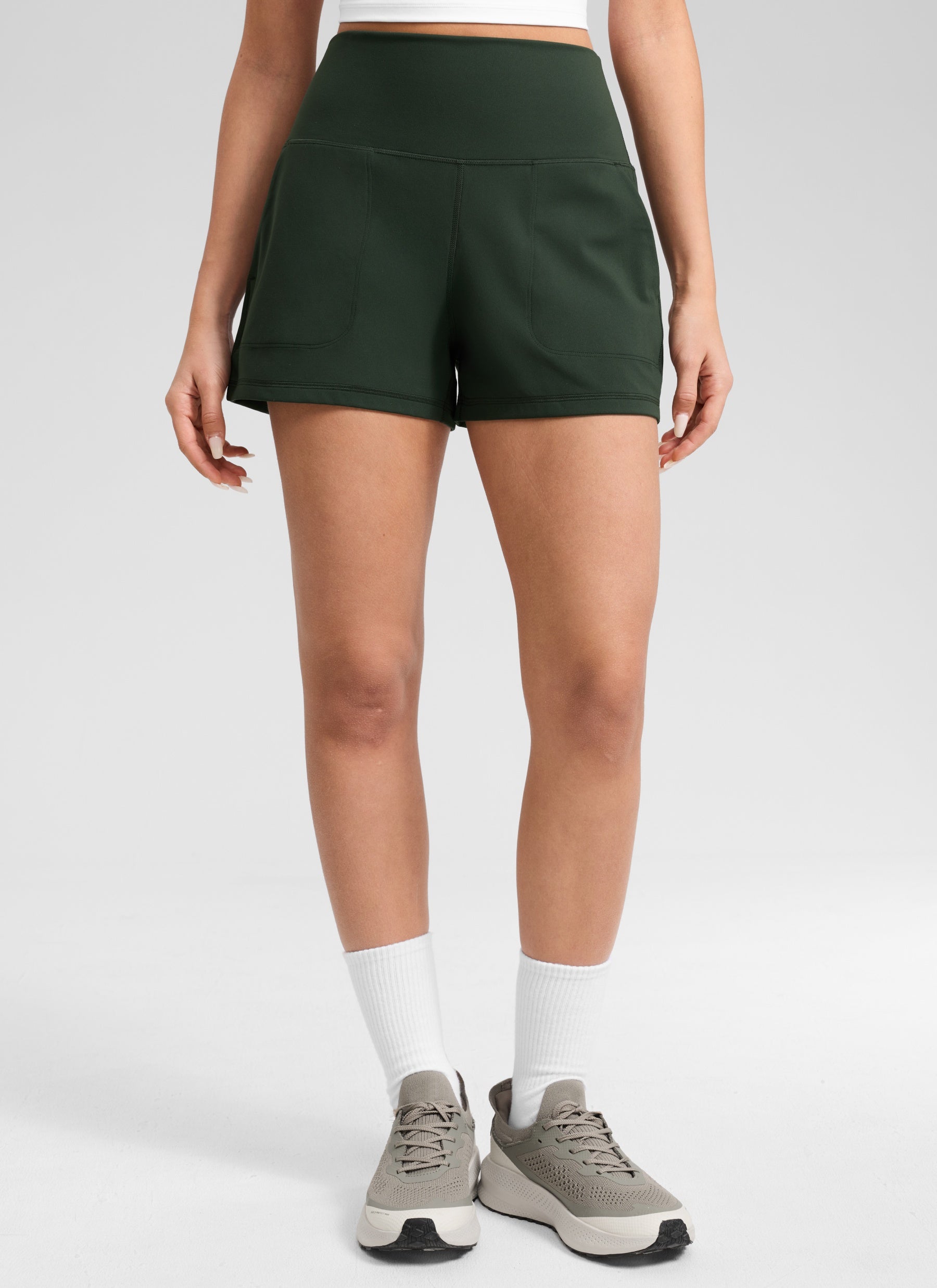 CRZ YOGA Women Butterlift High Waisted Shorts with Pockets Linerless Legend Green @model_info:Anano