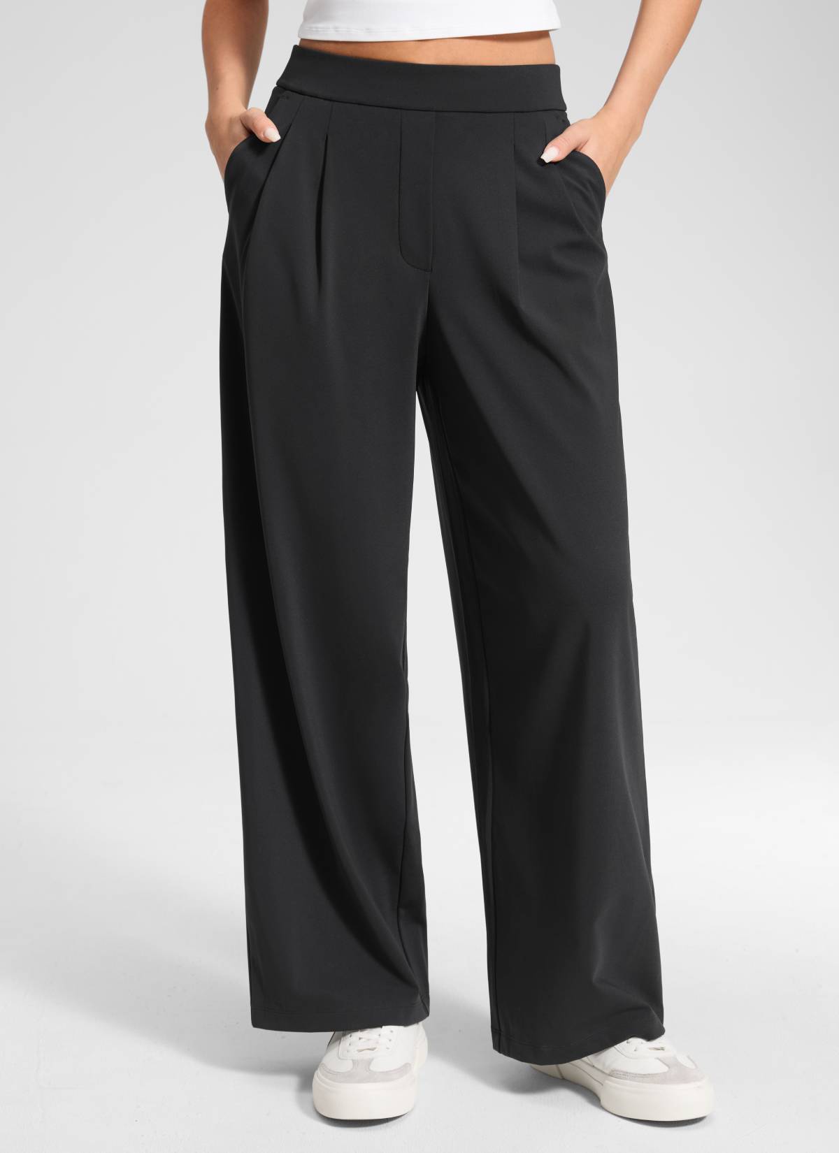 CRZ YOGA Women's Business High Rise Drawstring Pocket Wide Leg Pant Black @model_info:Anano