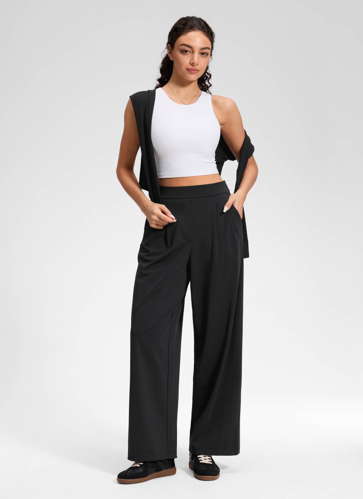 CRZ YOGA Women's Business High Rise Drawstring Pocket Wide Leg Pant Black @model_info:Anano