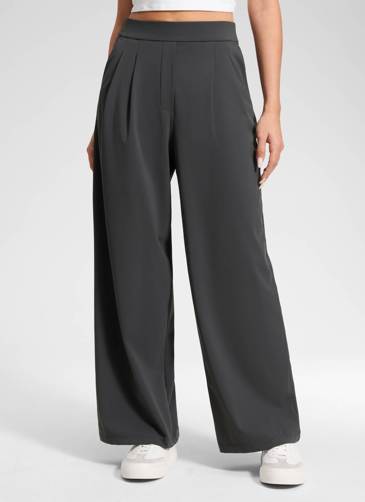 CRZ YOGA Women's Business High Rise Drawstring Pocket Wide Leg Pant Ink Gray @model_info:Anano