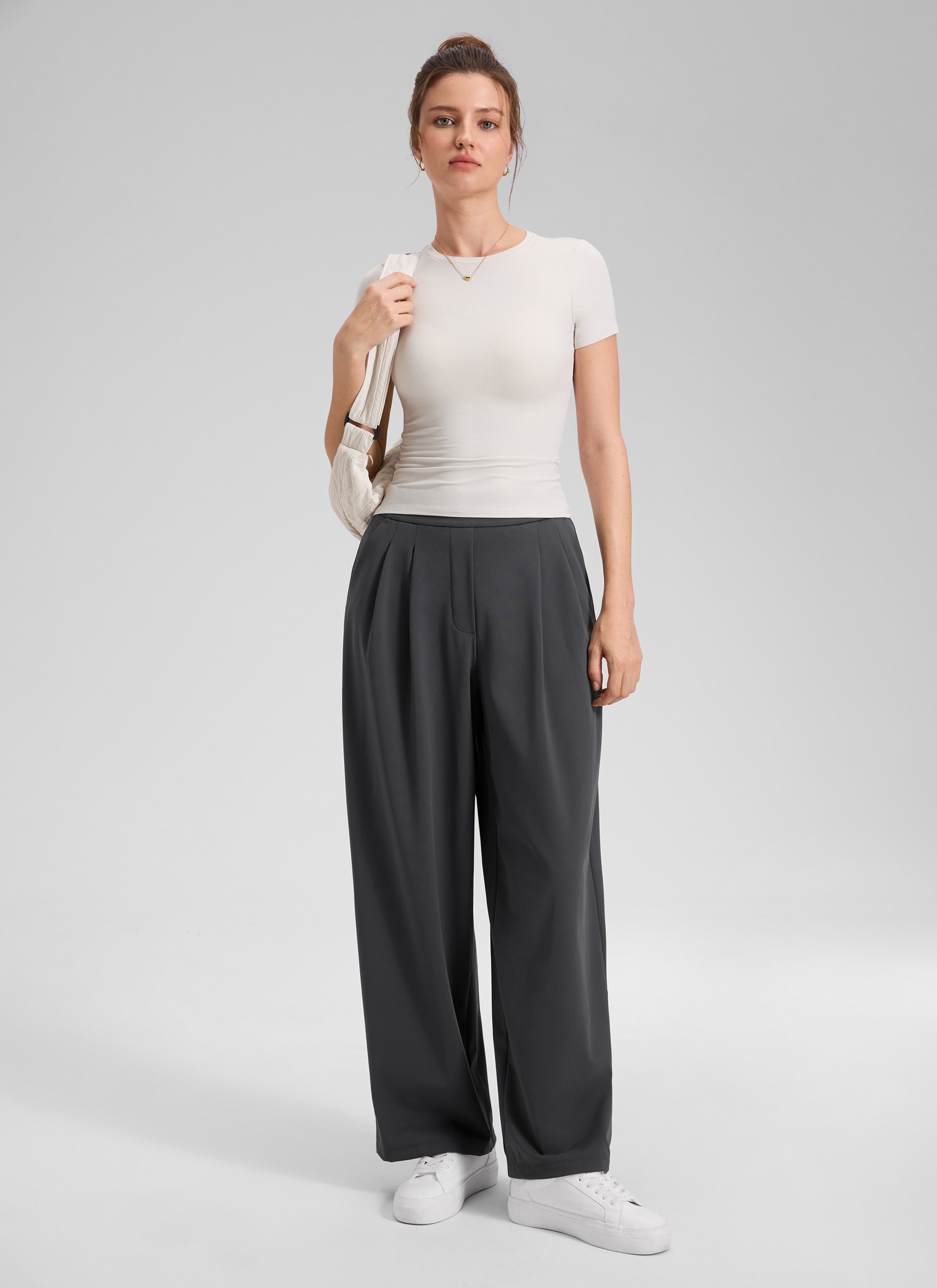 CRZ YOGA Women's Business High Rise Pocket Wide Leg Pleated Pants Ink Gray @model_info:Kerr